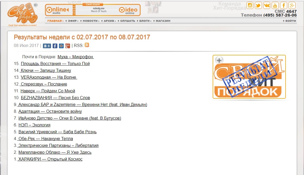 Хит- парад Своего радио - Харакири, Музыка, Хит-Парад
