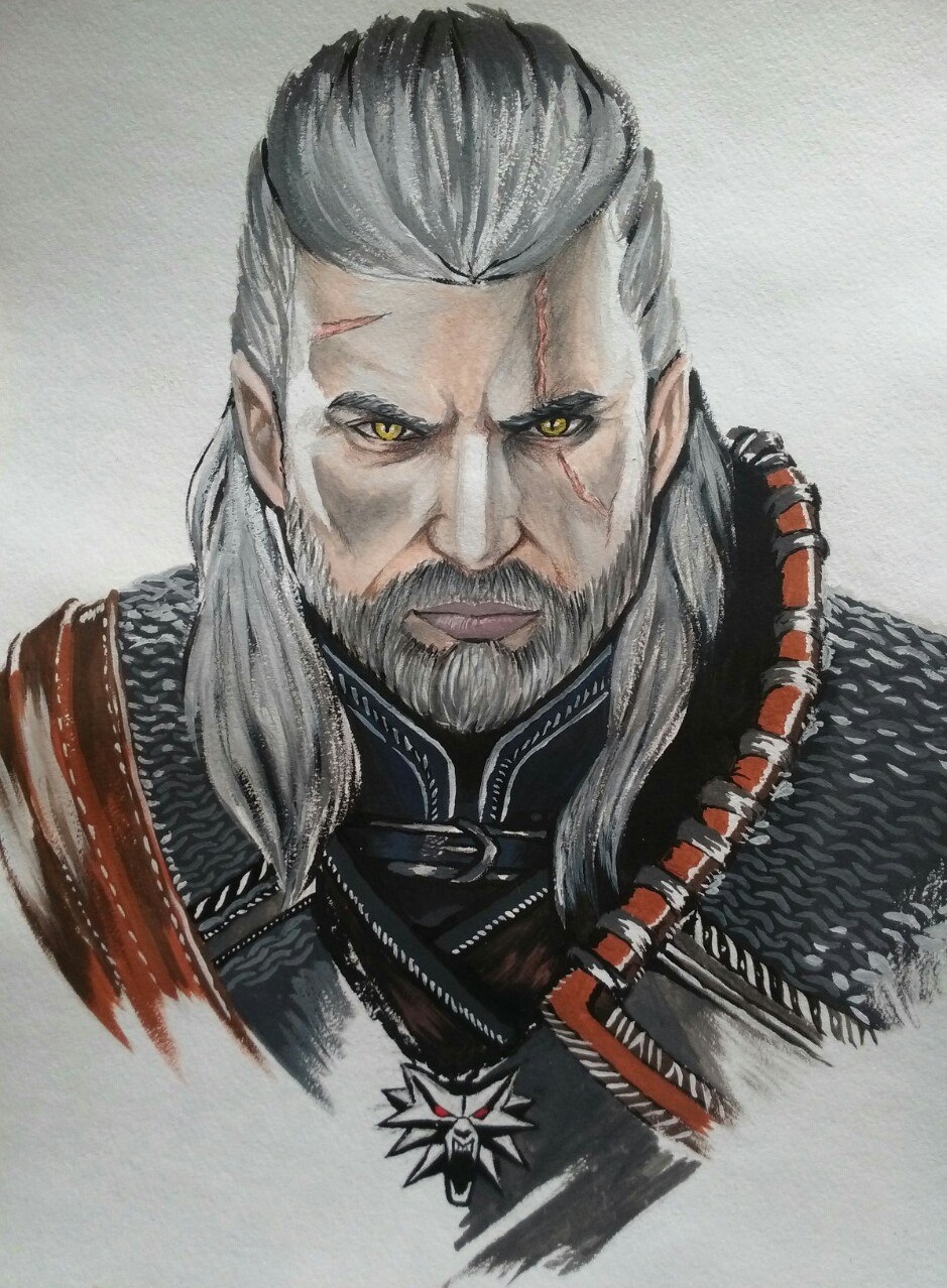 I was able to - My, The Witcher 3: Wild Hunt, Geralt of Rivia, Gouache, Drawing, Art