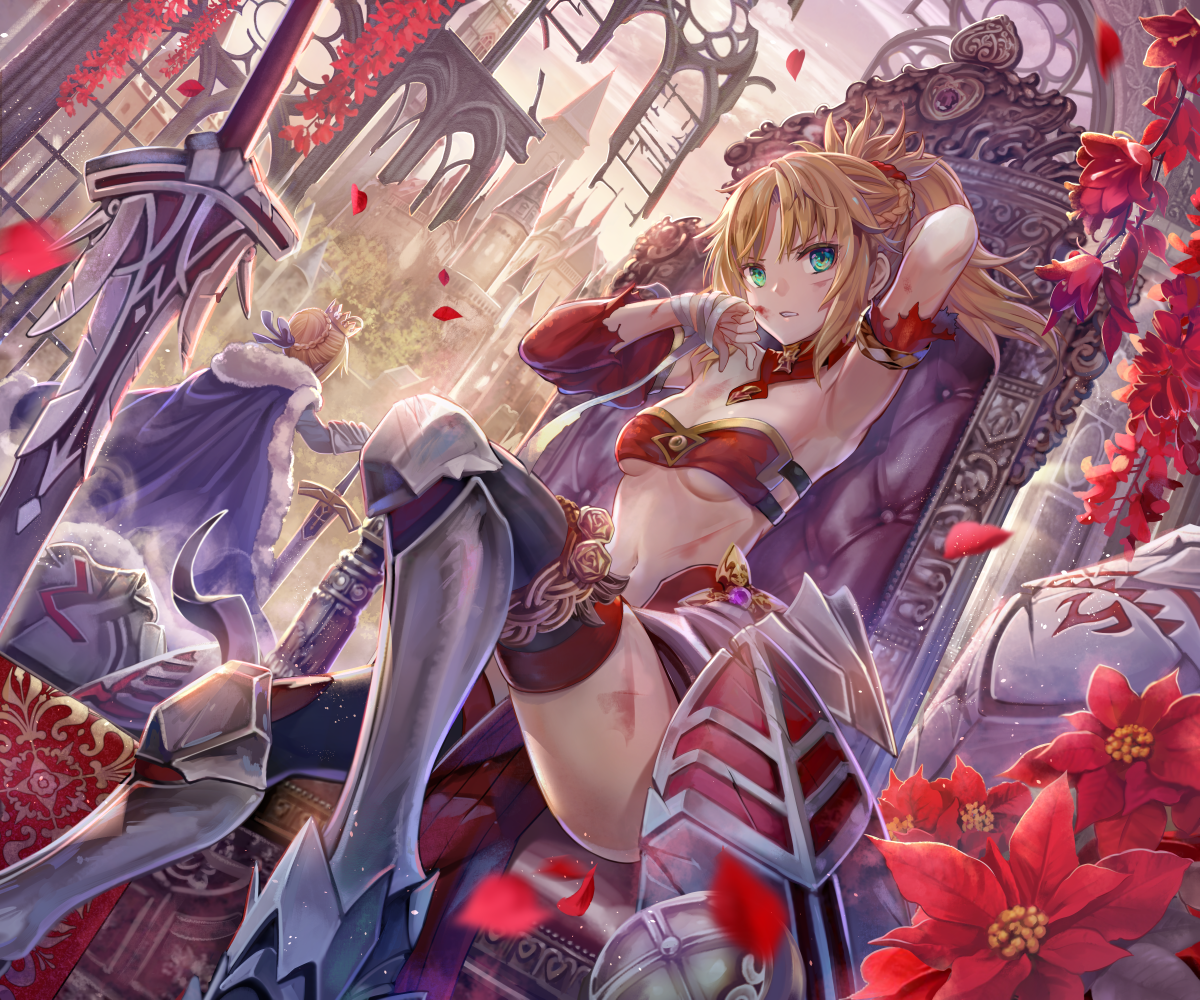 Mordred - NSFW, Anime art, Anime, Girls, Drawing, Pixiv, Type-Moon, Fate, Fate-stay night, Fate apocrypha, Saber, Artoria pendragon, Mordred, Throne, Excalibur, Shield, Knee pads, Blonde, Green eyes, Torino akua