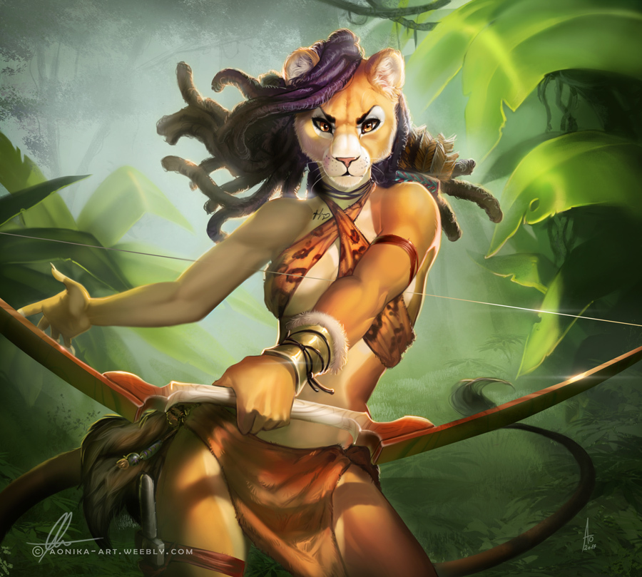 Huntress - Furry, Art, Hunter, Jungle, a lion, Aomori