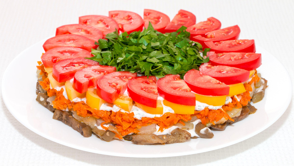 Layered eggplant and tomato salad - My, Recipe, Salad, Video recipe, Cooking, Food, Video, Longpost