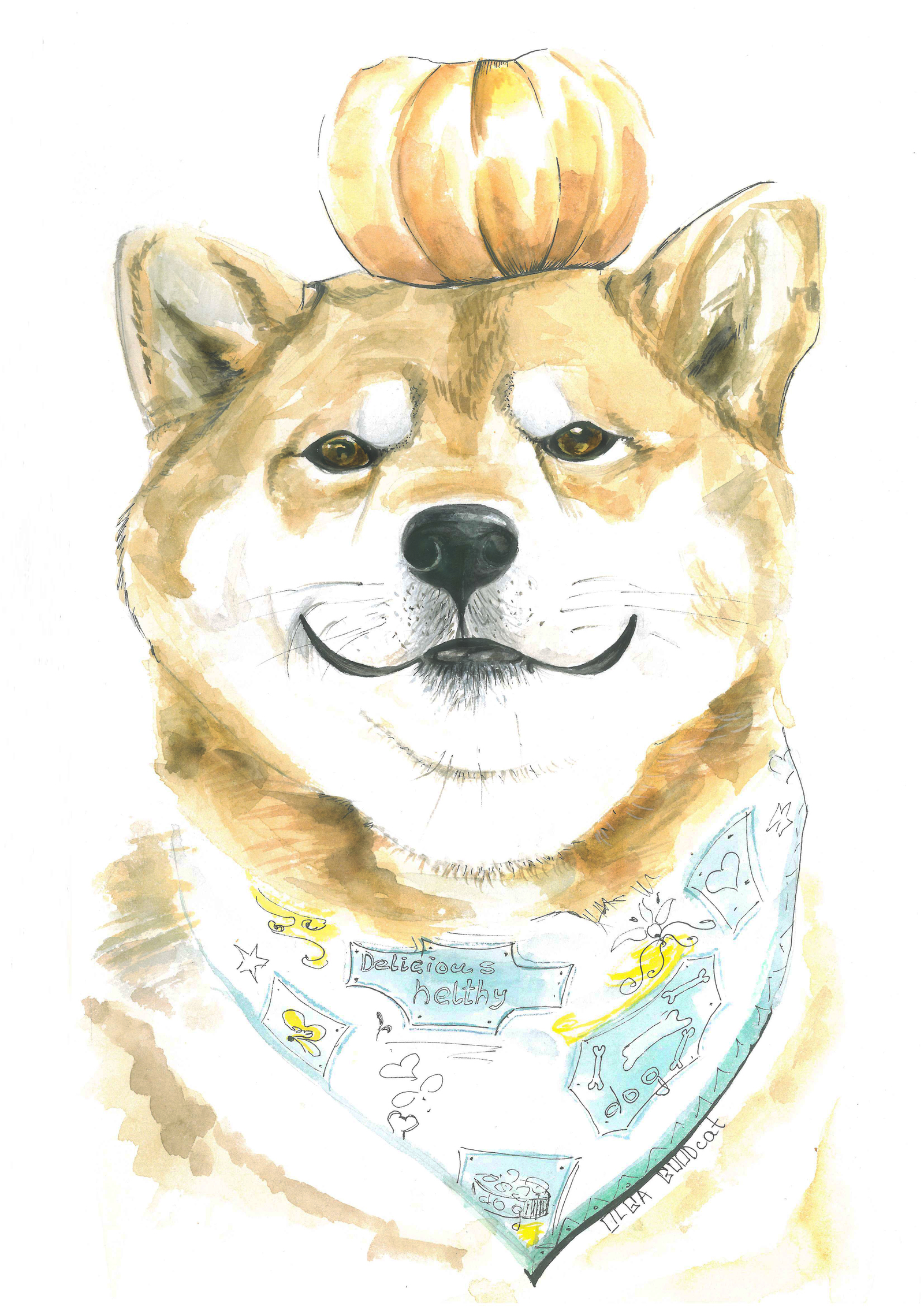 Shiba Inu with Pumpkin - My, Watercolor, , Dog, Shiba Inu