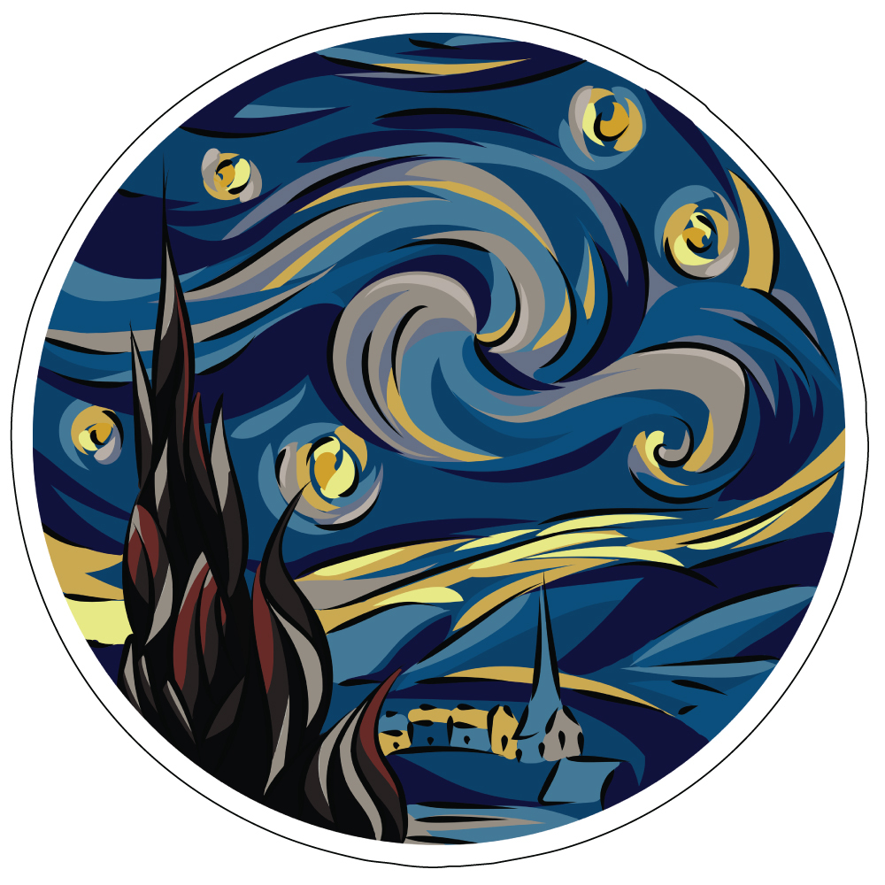 Round art. «Звёздная ночь» Ван Гог. Живопись эмблема. Эмблема художника. Наклейки художников.