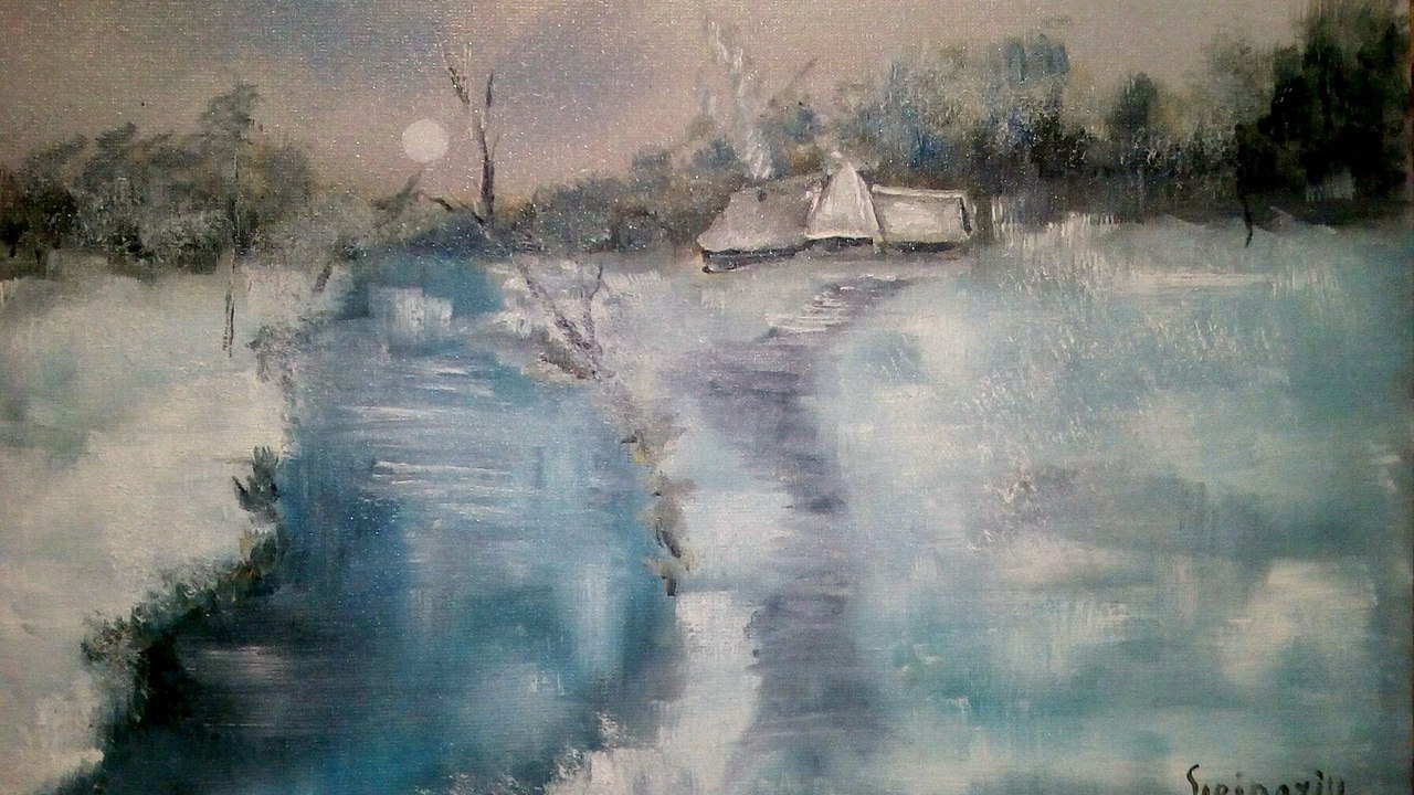 Huts. Oil. Work to order - My, The winter is coming, Oil painting, Outside the city