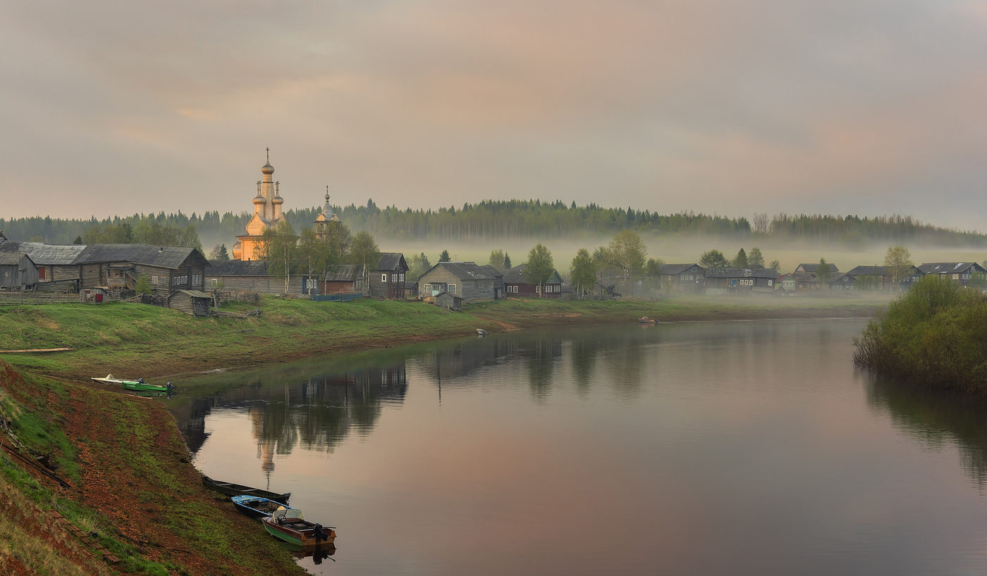 Village beauties - Village, Fog, Landscape, River, Church, Arkhangelsk region