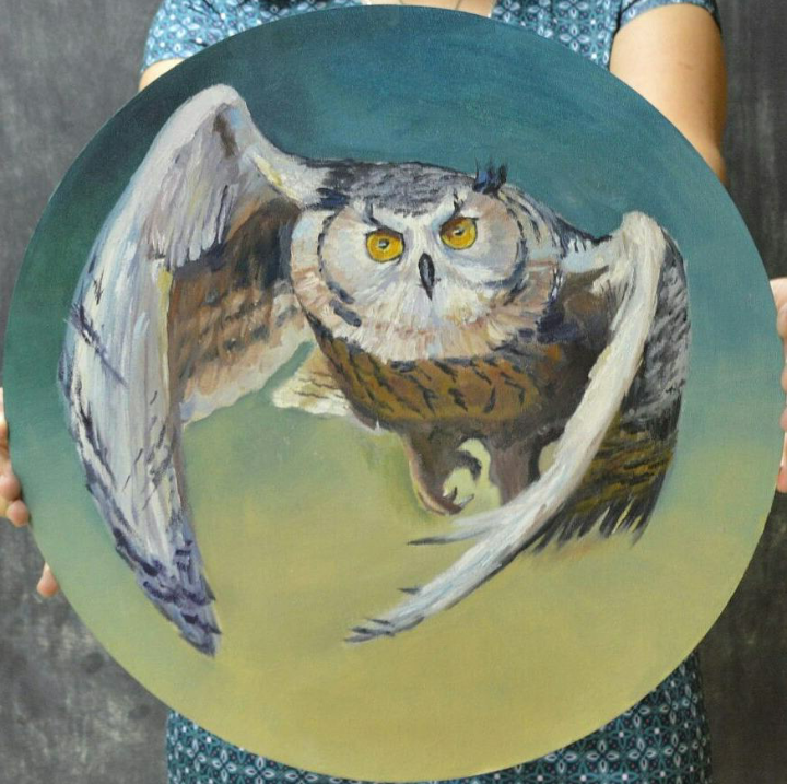 Owl in flight - My, Owl, Oil painting, Round canvas