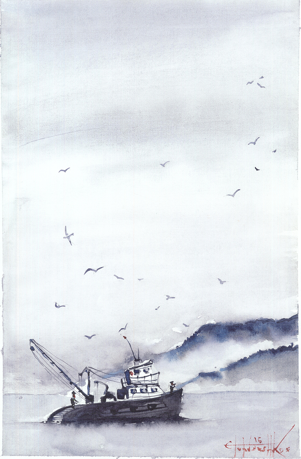 Fishing vessel - My, Vessel, A boat, Ship, Fishermen, Sea, Drawing, Watercolor, Painting