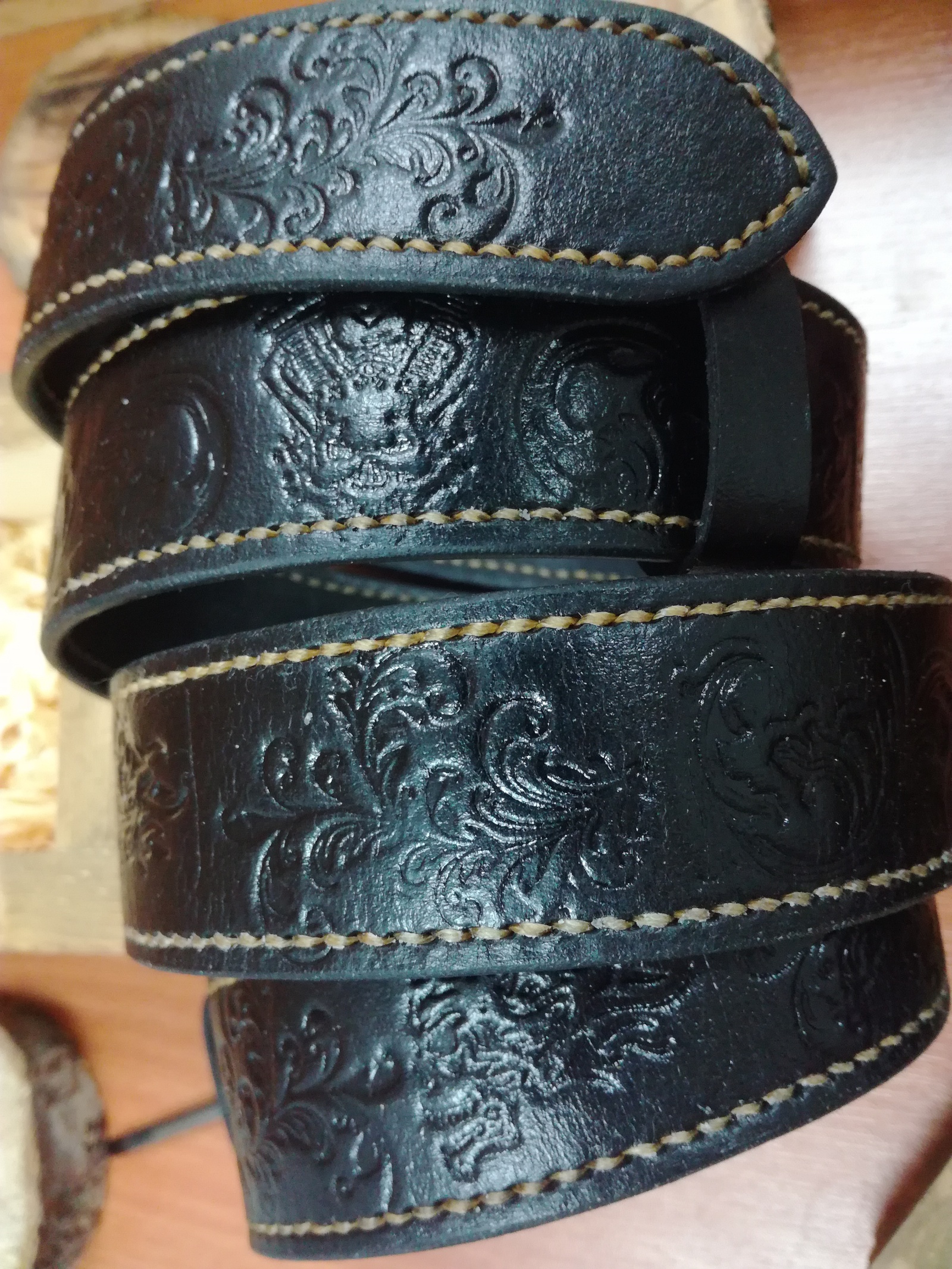 Black belt with patterns and skulls - My, Belt, Leather, Handmade, Embossing on leather, Leather products, Needlework, With your own hands, Moto, Longpost