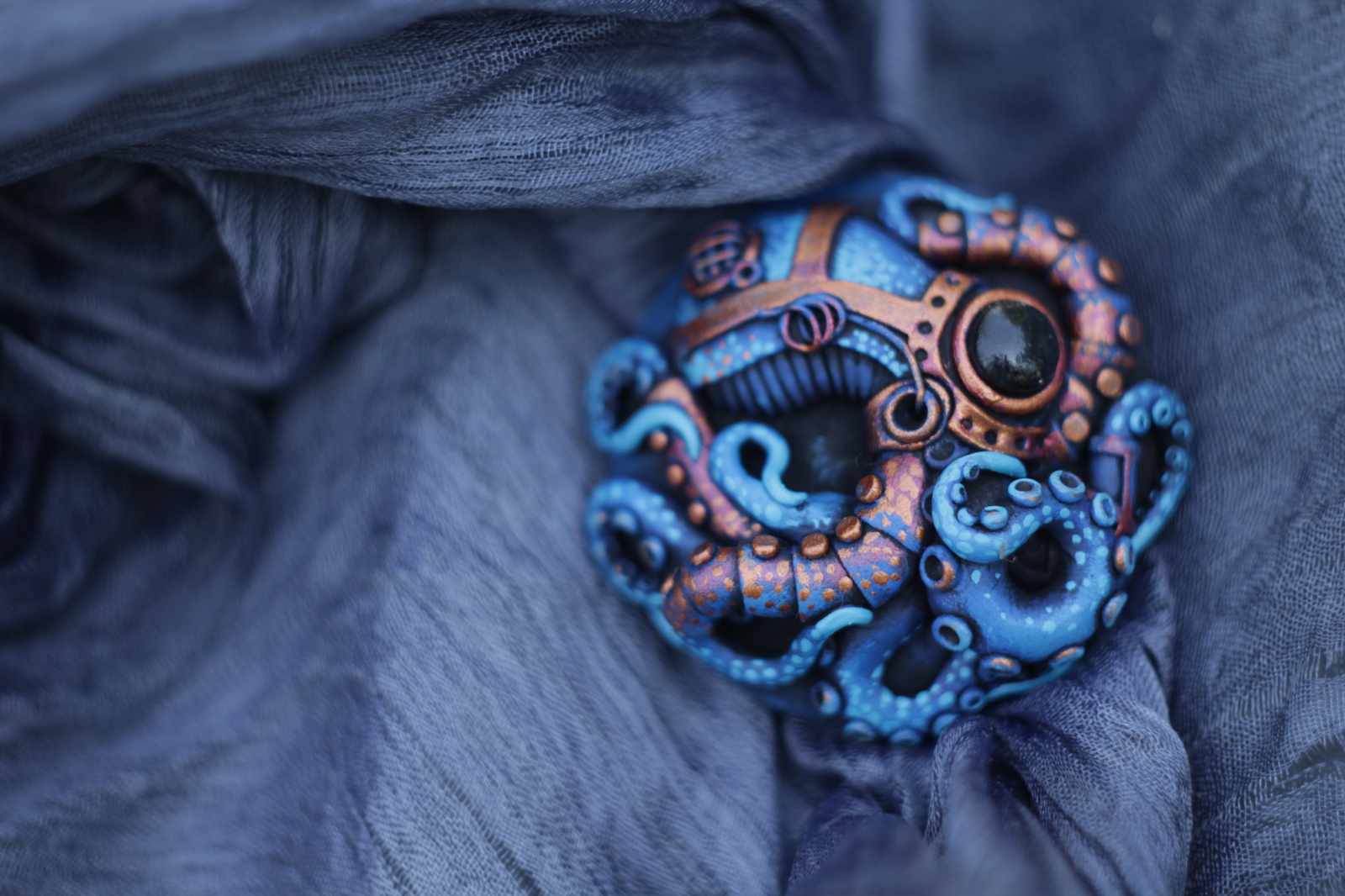 Scarf clip octopus, biomechanics style. - My, Octopus, Polymer clay, Handmade