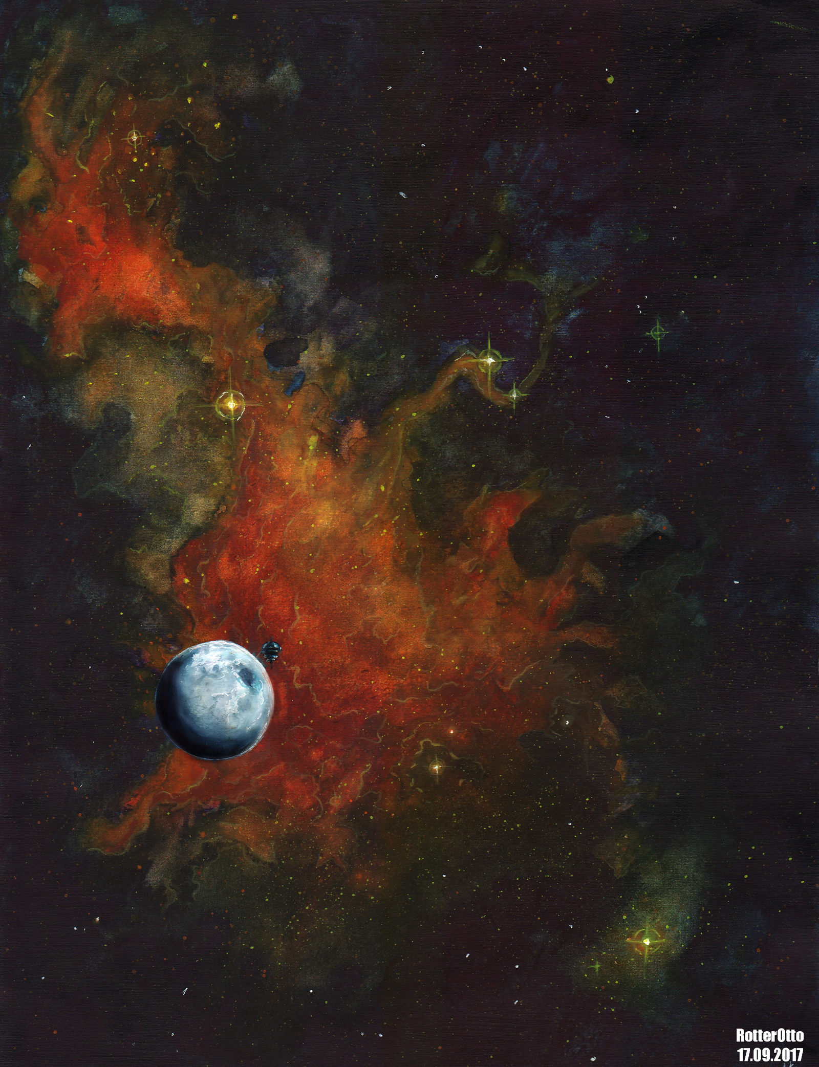 orange nebula - My, Drawing, Watercolor, Space, Nebula, Planet