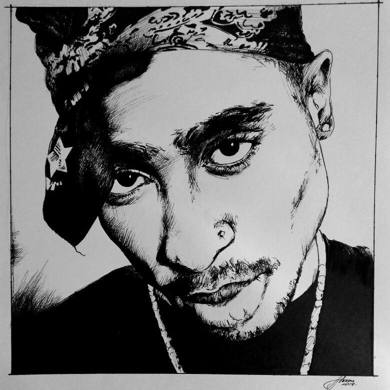 Тупак - А4, линер. - Моё, Рисунок, Тупак шакур, 2pac, Моё, Портрет, Музыка