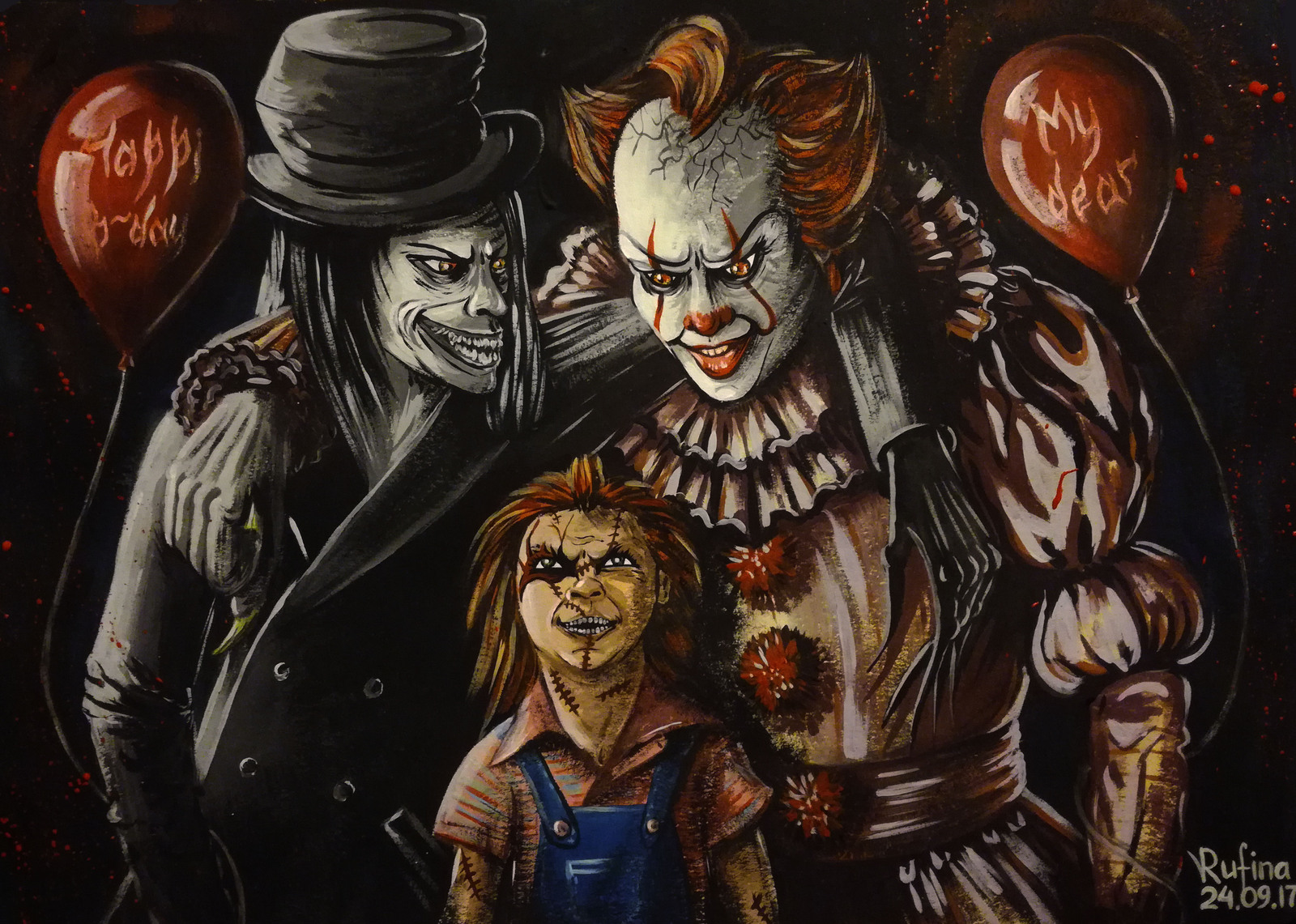 Happy family! - My, Gouache, It, Horror, Boogeyman, Chucky doll, Family