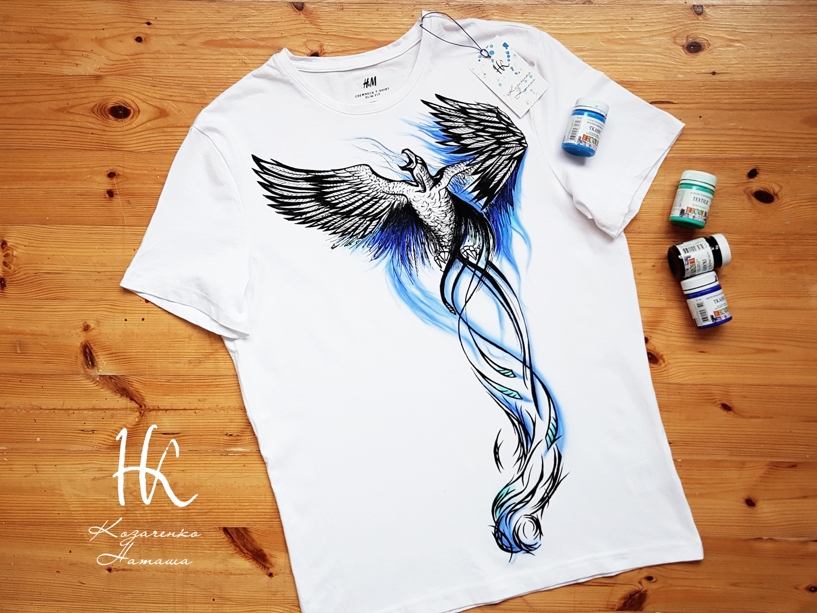 T-shirt with hand-painted bird - My, Art, T-shirt, Handmade, Handmade, Phoenix, Painting on fabric, Drawing