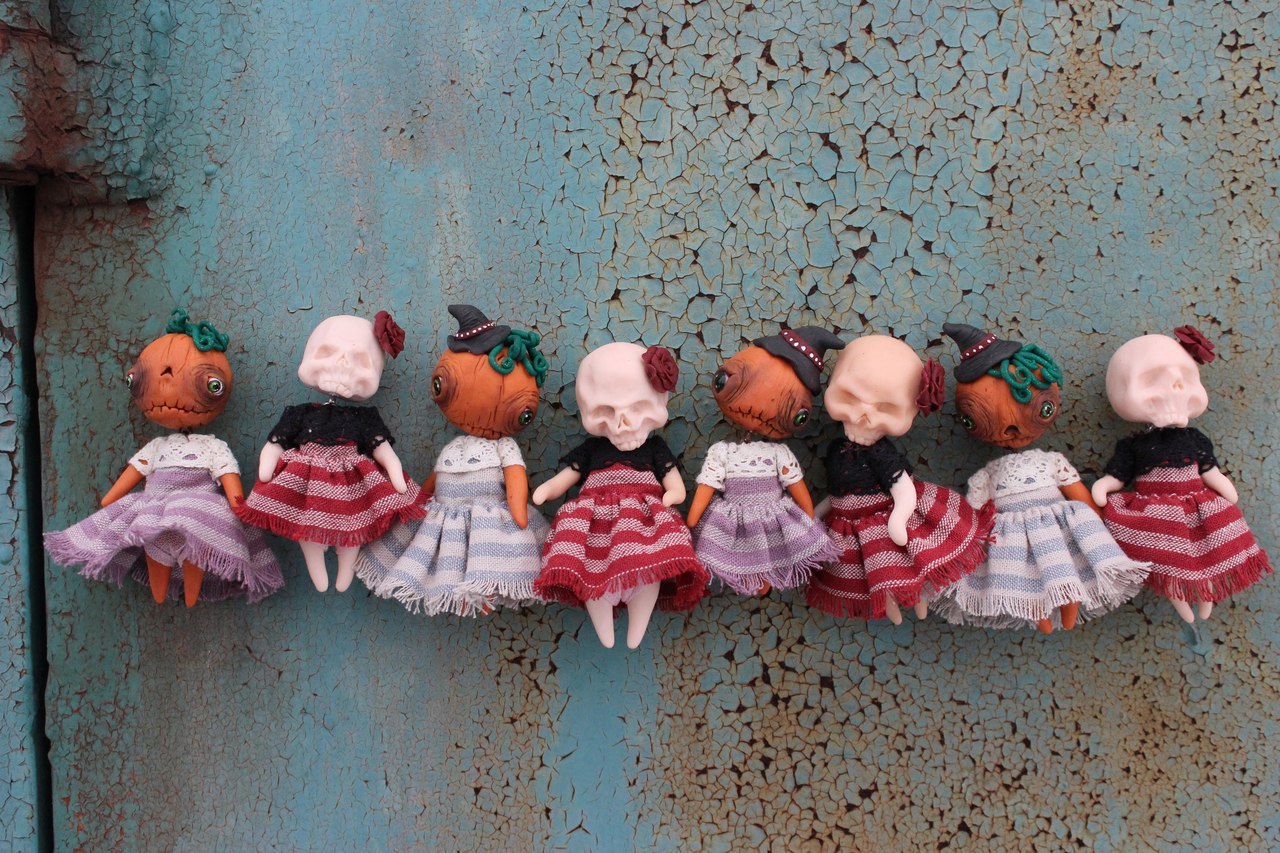 Dolls for Halloween - My, Doll, Halloween, Polymer clay, Handmade, Pumpkin, Skeleton, Toys, Longpost