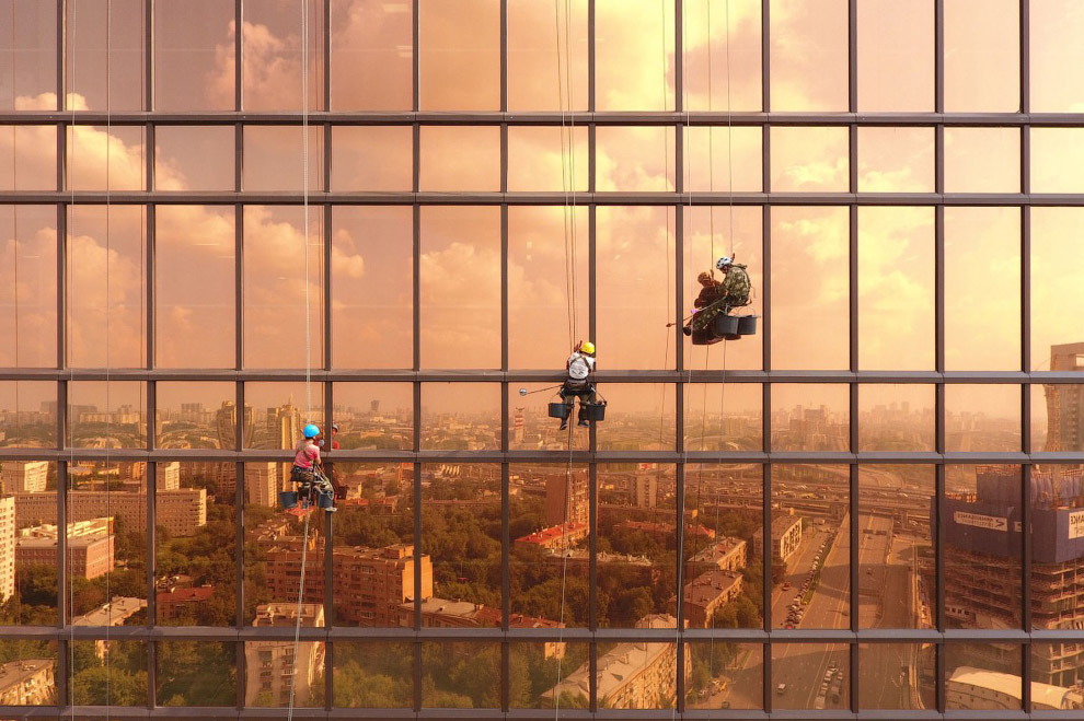 Window cleaners on a skyscraper in Moscow - Moscow, Window, Height, Fearfully, Town, The photo, Drone