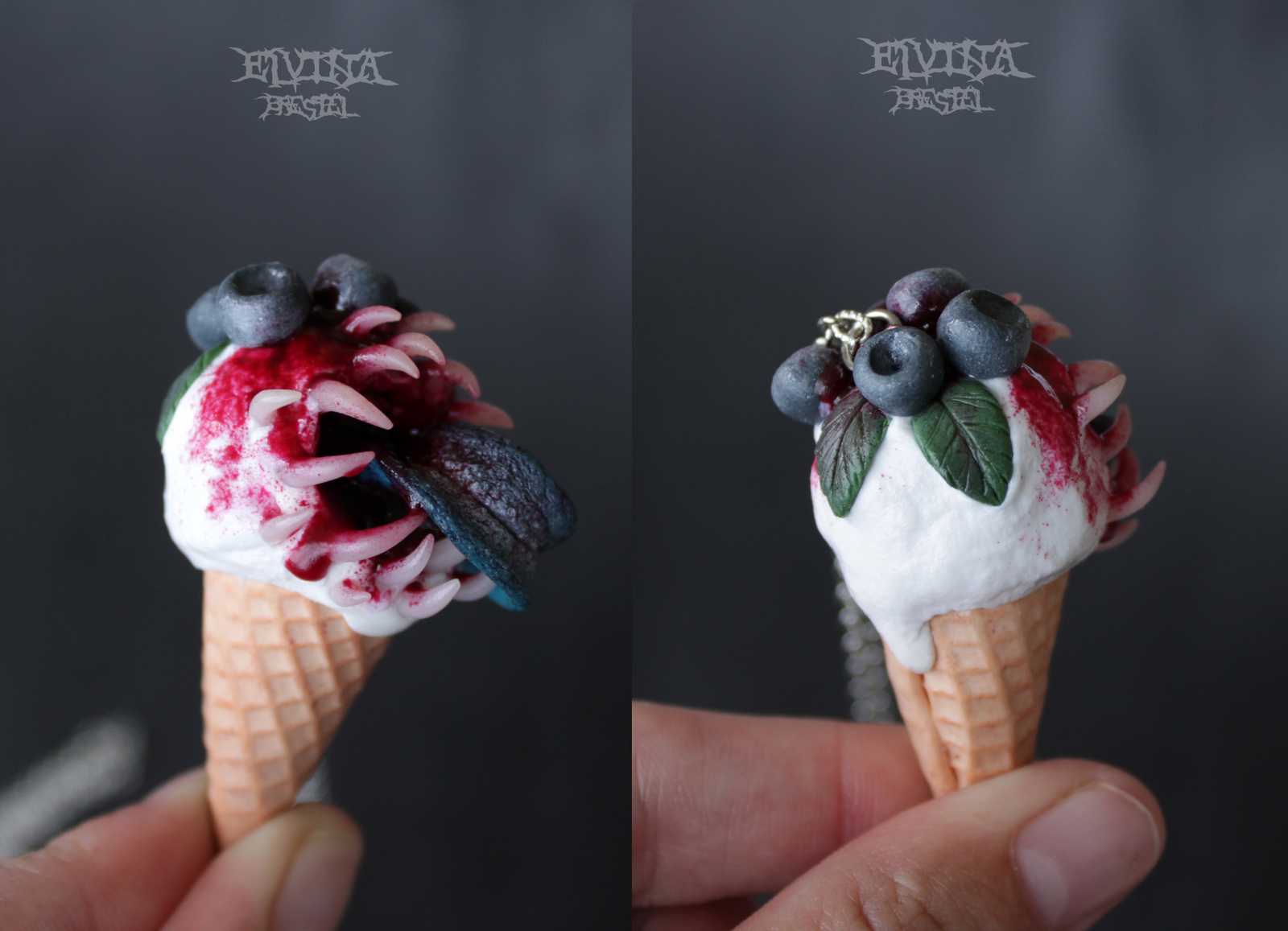 Blueberry predatory ice cream - My, Polymer clay, Ice cream, Blueberry, To fall, Predator, Longpost