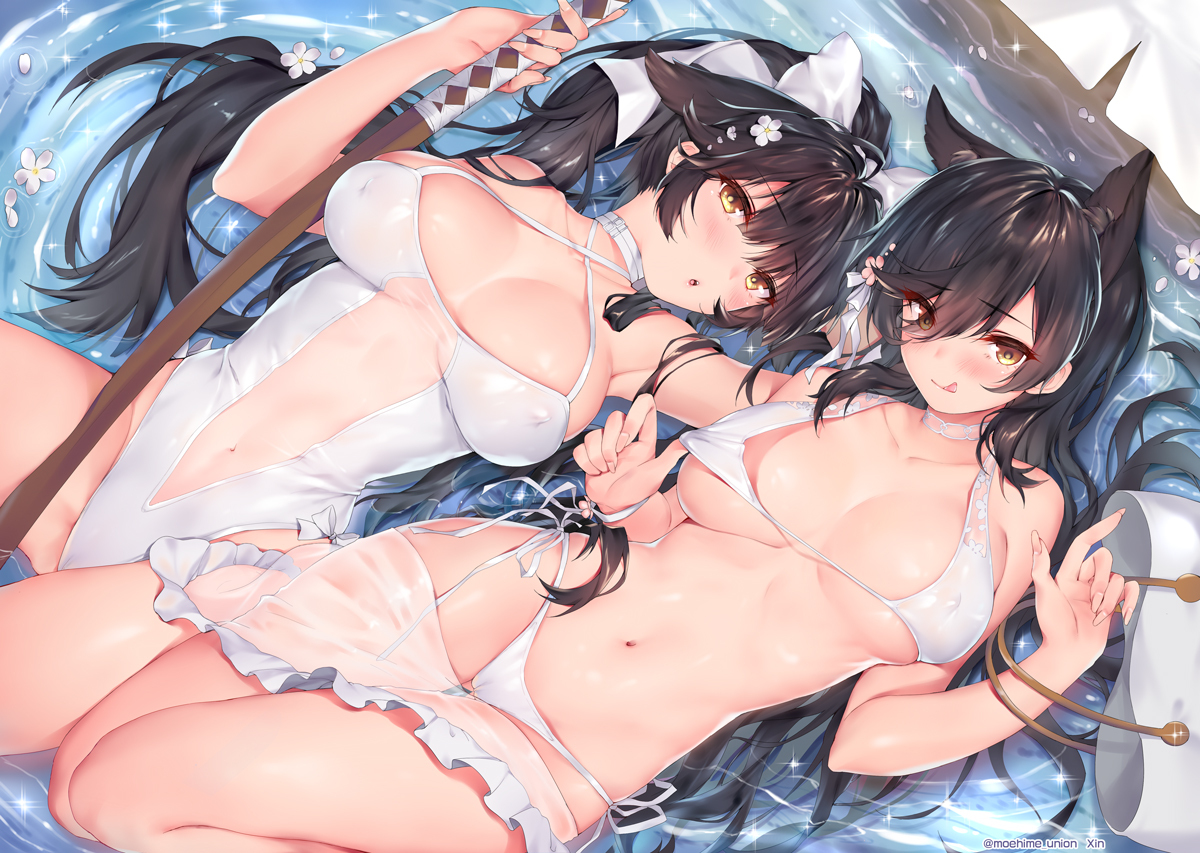 Anime Art - NSFW, Anime art, Anime, Azur lane, Atago, Takao, Animal ears, Swimsuit