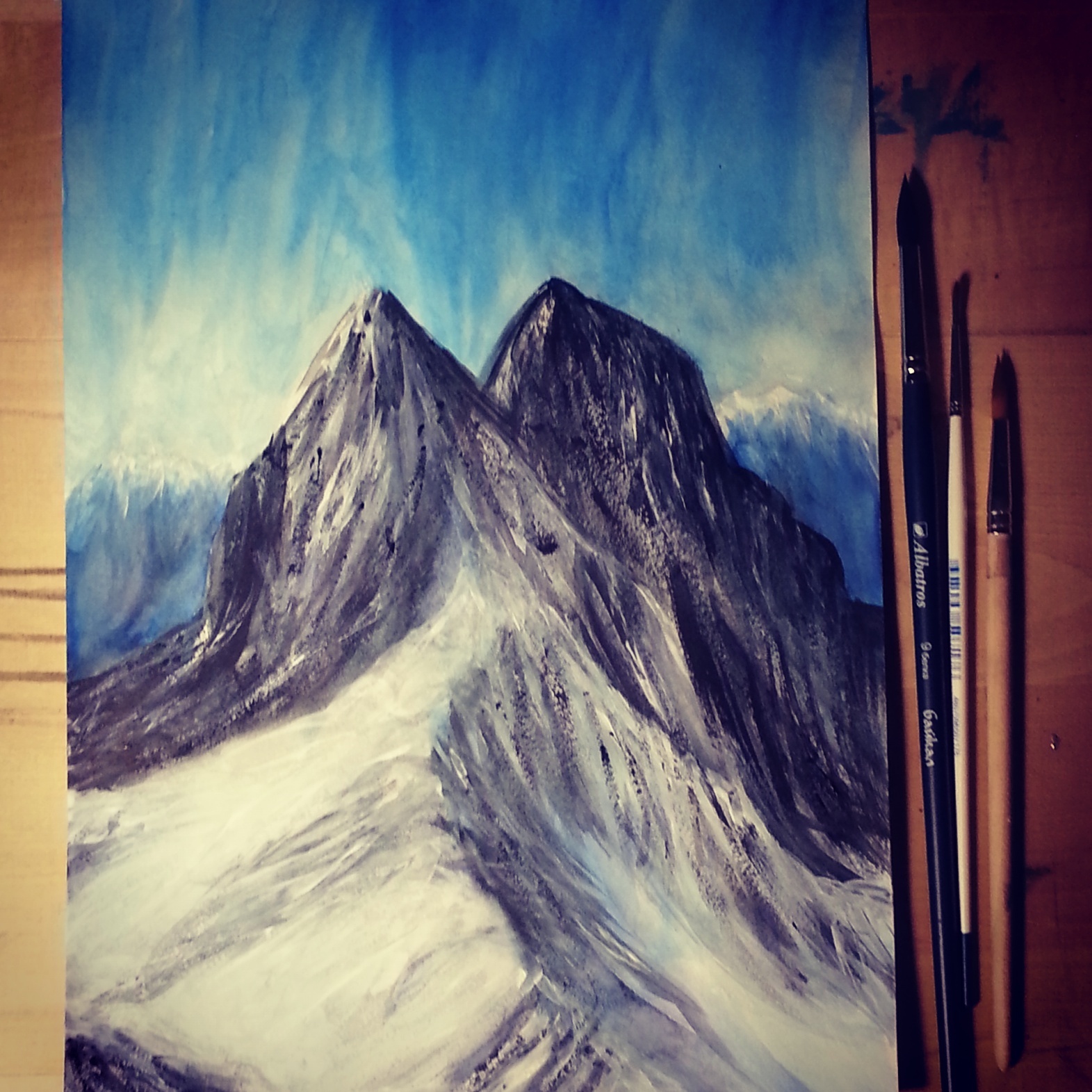 Ushba - My, Watercolor, Acrylic, Landscape, The mountains, Painting