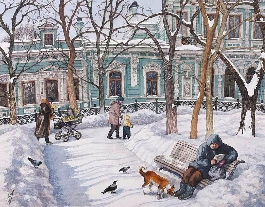 Winter Moscow by artist Alena Dergileva - Moscow, Winter, Images, Drawing, Longpost