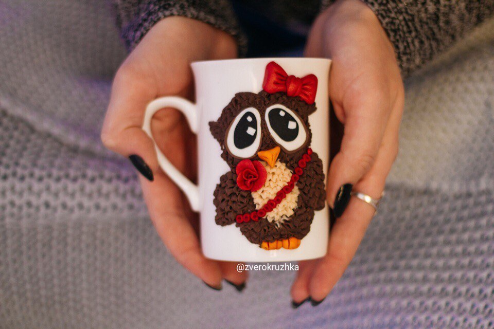 Cozy mugs with voluminous animals - My, Needlework without process, House, Pets, Raccoon, Owl, Handmade, Polymer clay