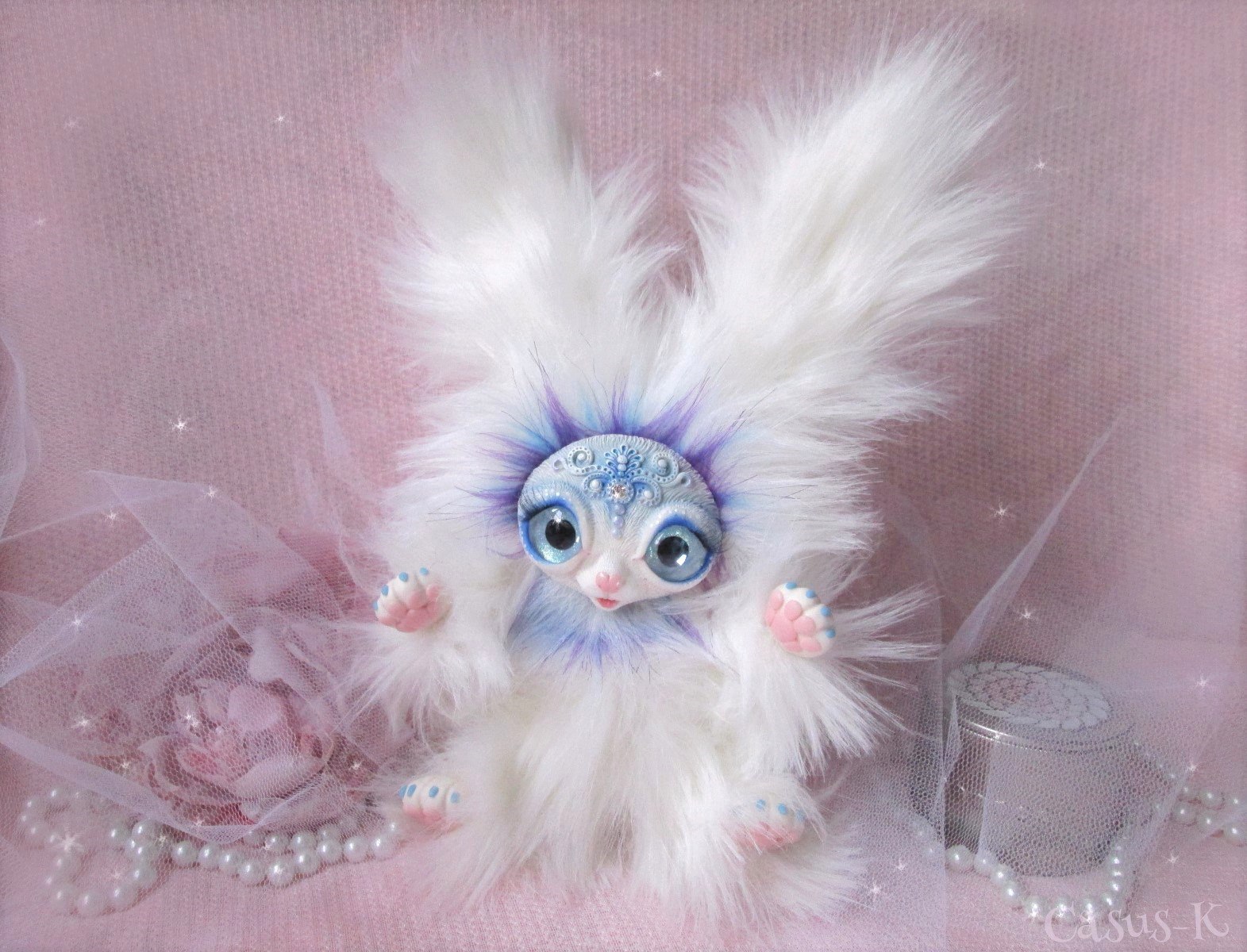 Bunny-sissy. - My, Author's toy, Hare, , Polymer clay, Mixed media, Fluffy, Longpost