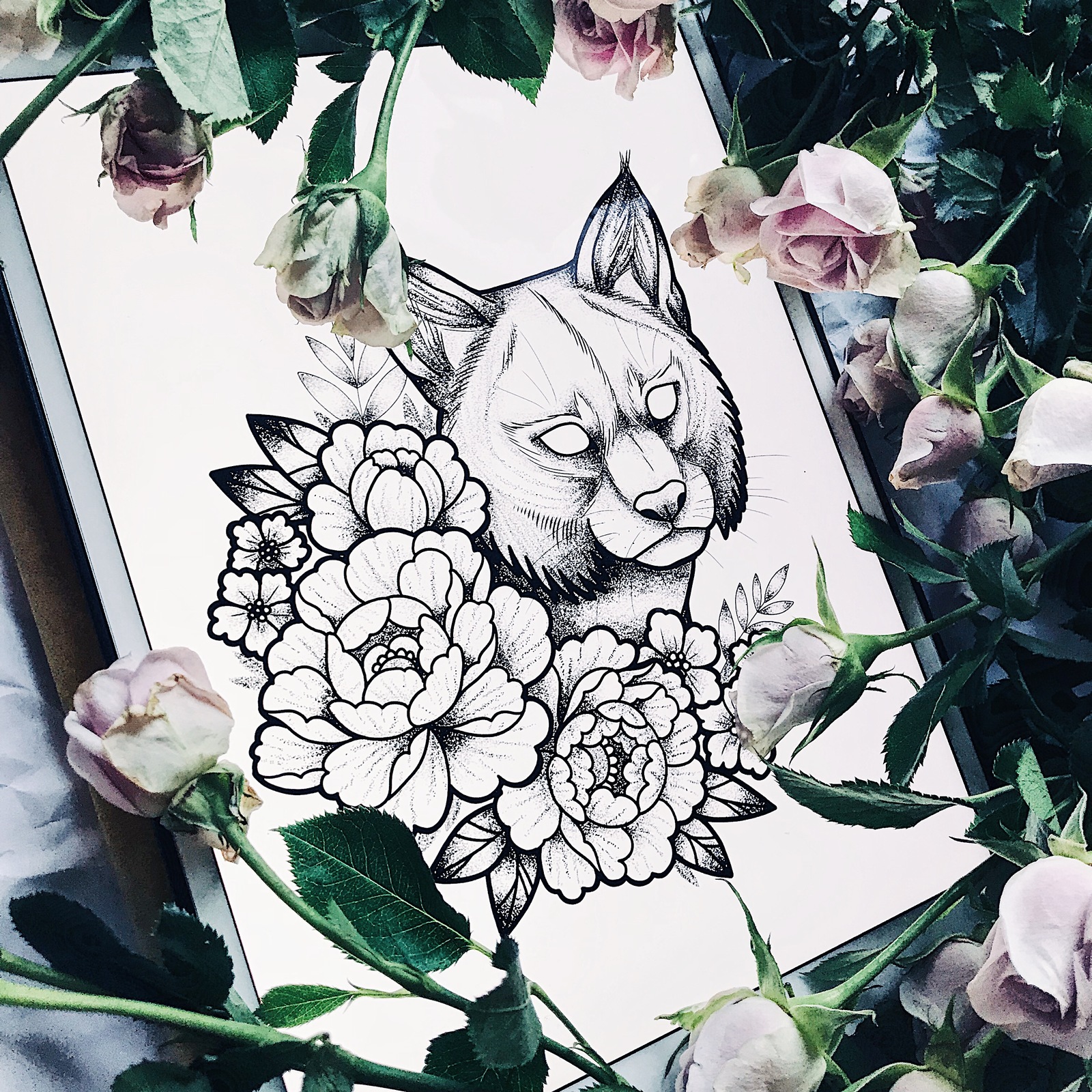 My favorite job 3 - My, Tattoo sketch, Drawing, Progress, Creation, Lynx, Flowers, Longpost