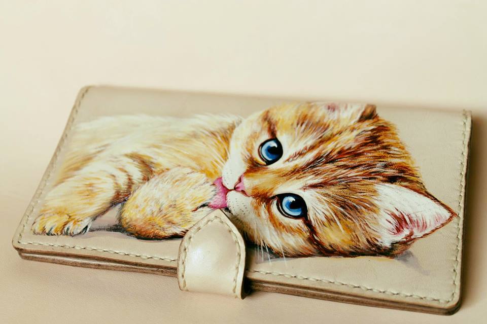 Women's wallet with hand-painted Kitten - My, cat, Wallet, Leather, Handmade, Needlework without process, , Longpost