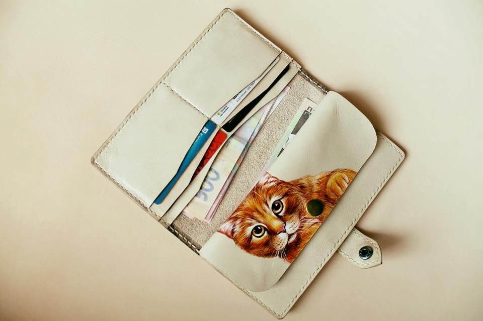 Women's wallet with hand-painted Kitten - My, cat, Wallet, Leather, Handmade, Needlework without process, , Longpost