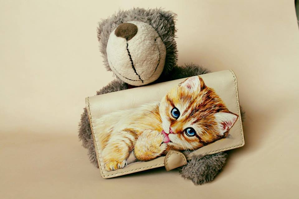 Women's wallet with hand-painted Kitten - My, cat, Wallet, Leather, Handmade, Needlework without process, , Longpost