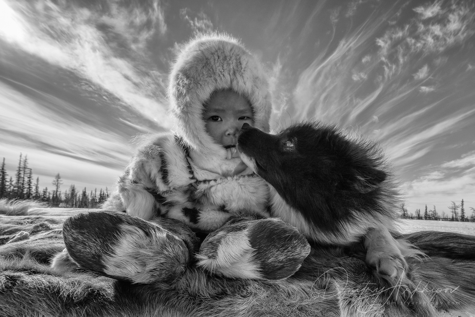 Best friends since childhood - Russia, Yakutia, The photo, Black and white, Children, Dog, Friends, Loyalty