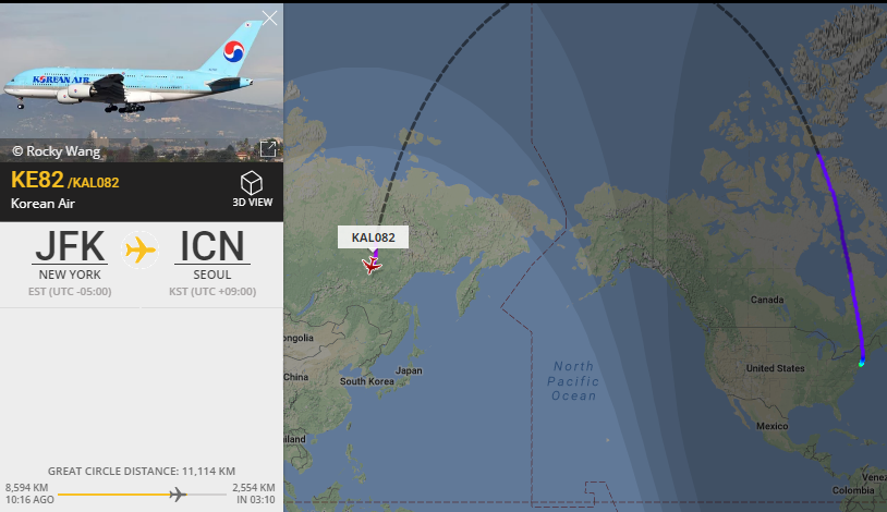 New York - Seoul, across the North Pole. - Flightradar24, Mercator projection, Short way