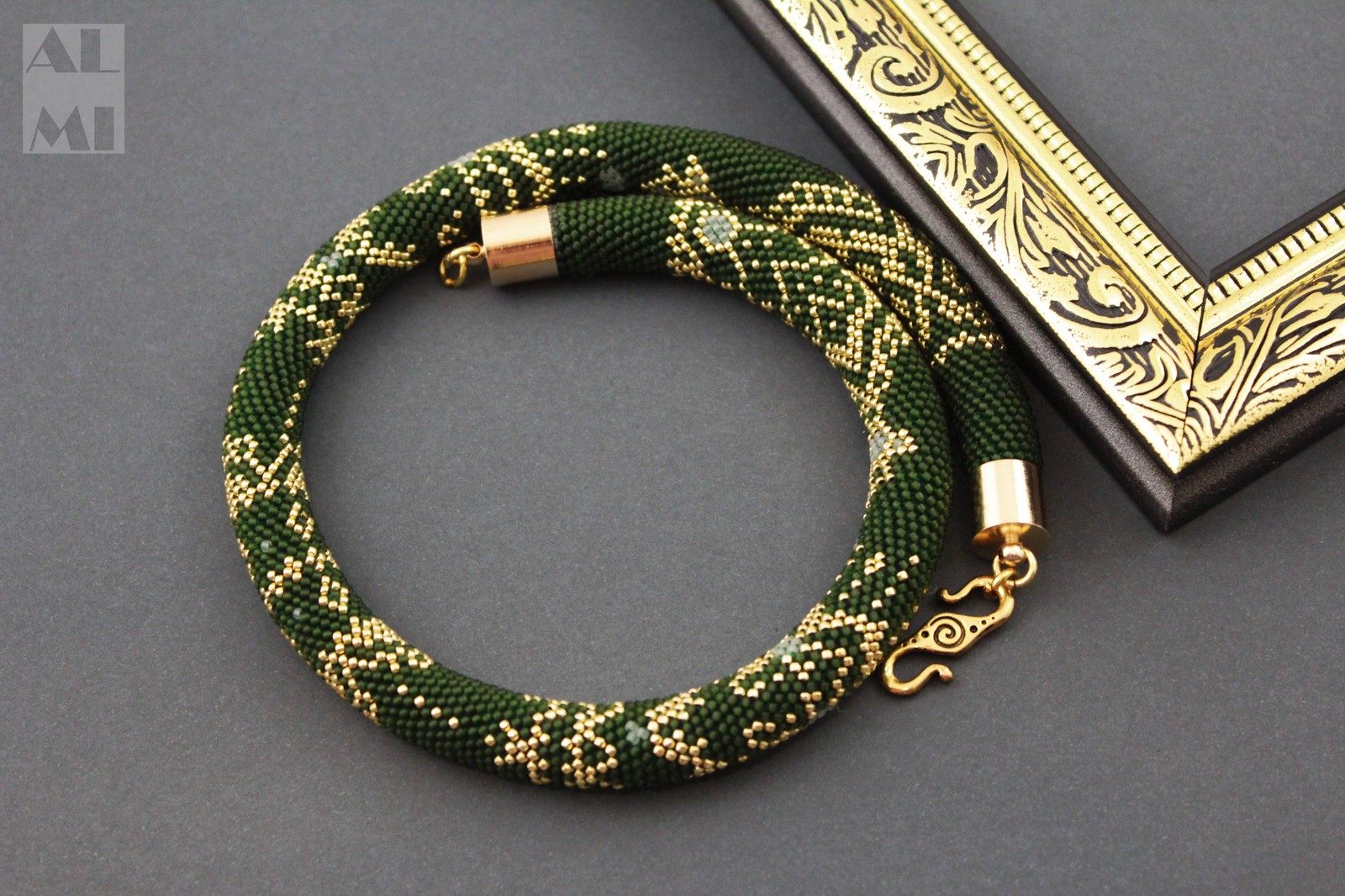 Gold, green, white - My, Needlework, Needlework without process, Hobby, Beads, Beaded harnesses, Longpost