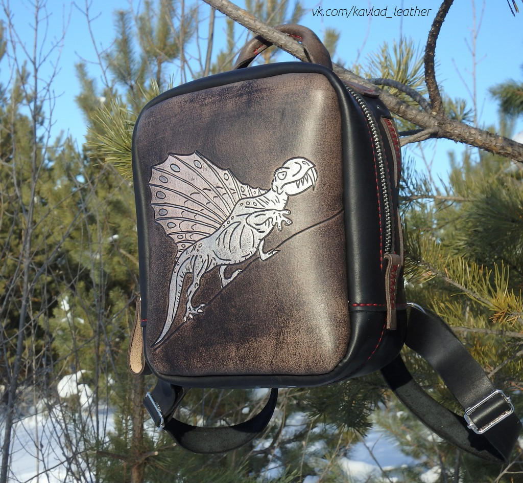 Backpack Aris - My, Needlework without process, Backpack, Handmade, Embossing on leather, , Beast Lizard, Dinosaurs, , Longpost