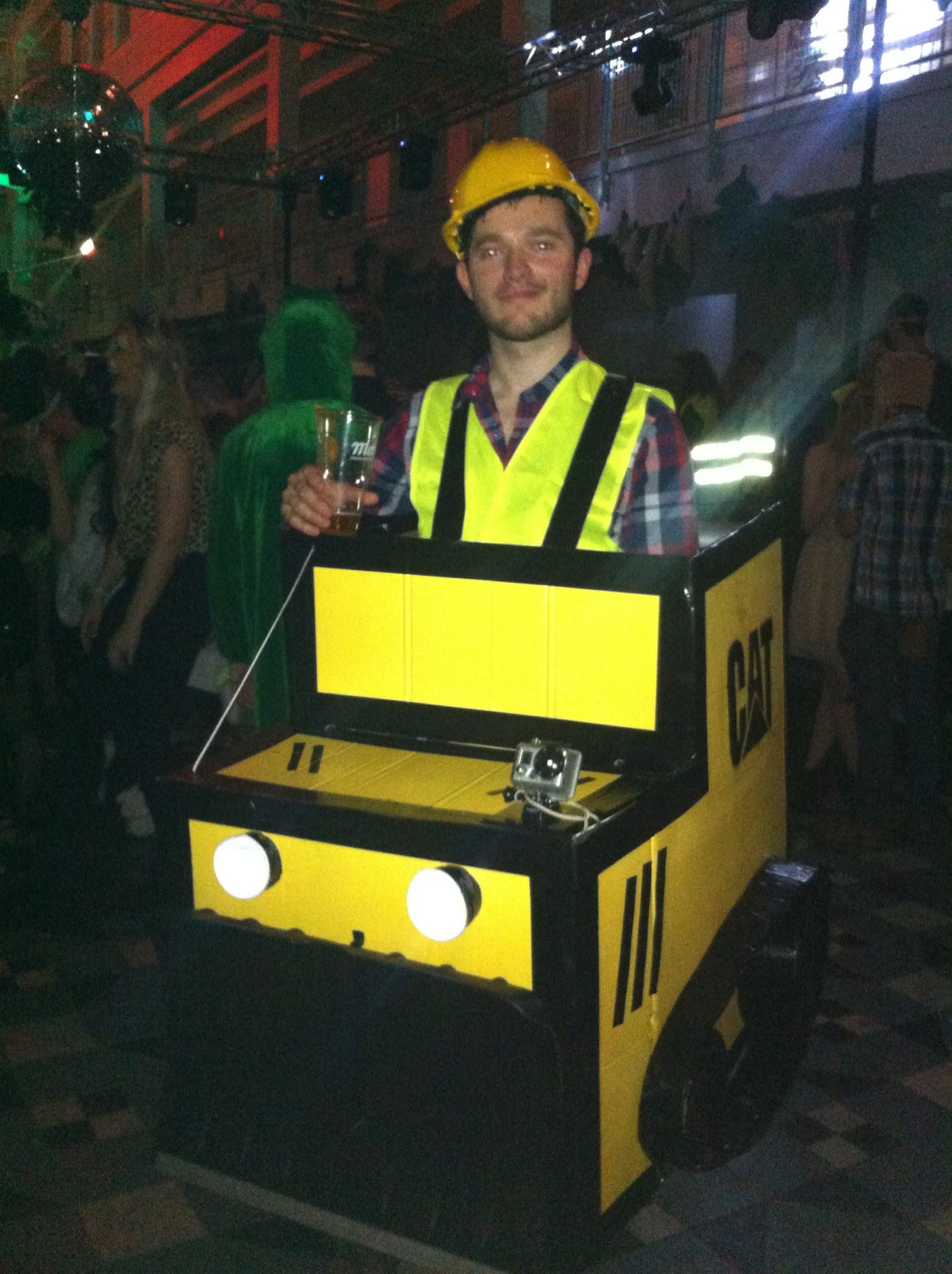 Attending a jungle-themed party dressed as a bulldozer is a perfect score - Party, Costume, Bulldozer, Caterpillar, Helmet, Beer, Guys, Trolling