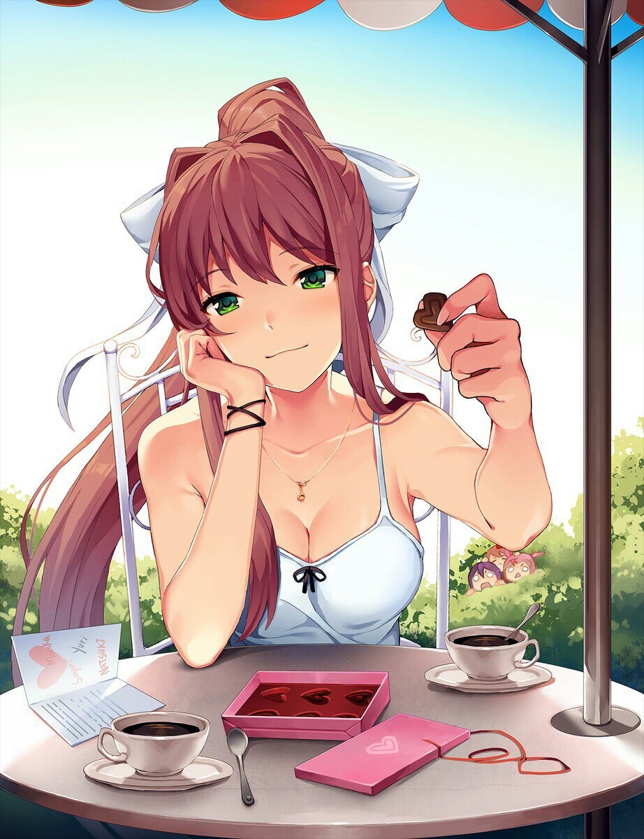 Monika valentine - Monika, Doki Doki Literature Club, Anime art, Visual novel, Anime, Not anime