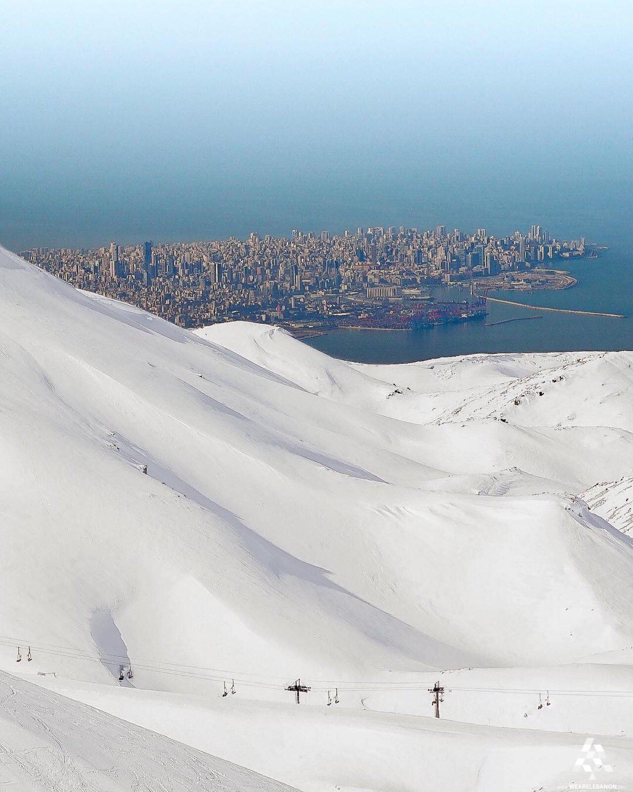 Beirut, capital of Lebanon, seen from a ski resort in the Faraya Mountains, about an hour from the beach - Reddit, Skis, Resort, The mountains, Snow, Beach, Sea, Lebanon