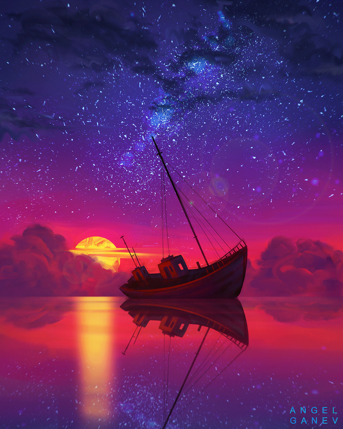 Little Boat - Art, Drawing, A boat, Sunset, Angel Ganev