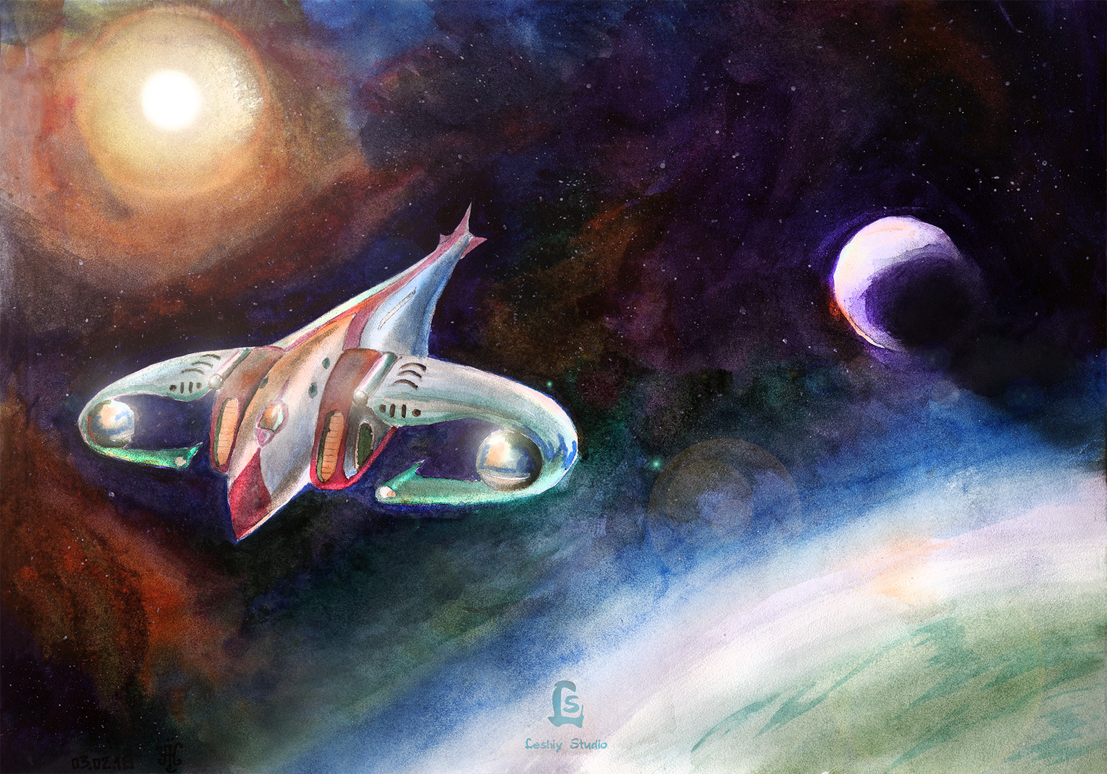 Nomad wandering the galaxies - My, Space, Watercolor, Drawing, Fantasy, Life stories, Painting, Fantastic story, Spaceship, Longpost