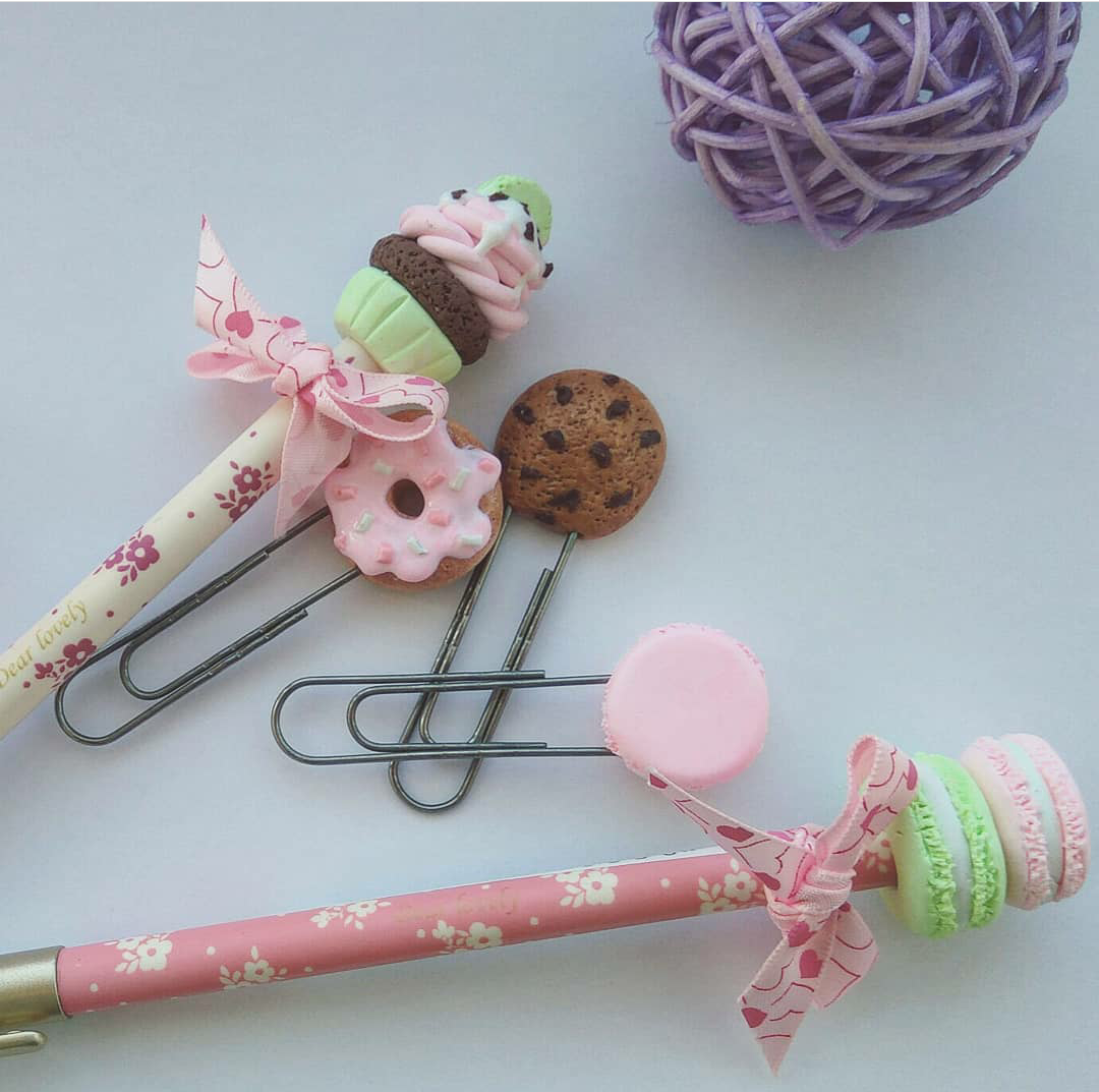 Pens and paper clips decorated with polymer clay. - My, Polymer clay, Handmade, crazy hands, Cake, Longpost