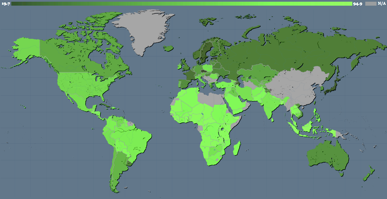 The index of religiosity of the countries of the world from the Gallup Institute (2009). - Atheism, Religion, Cards