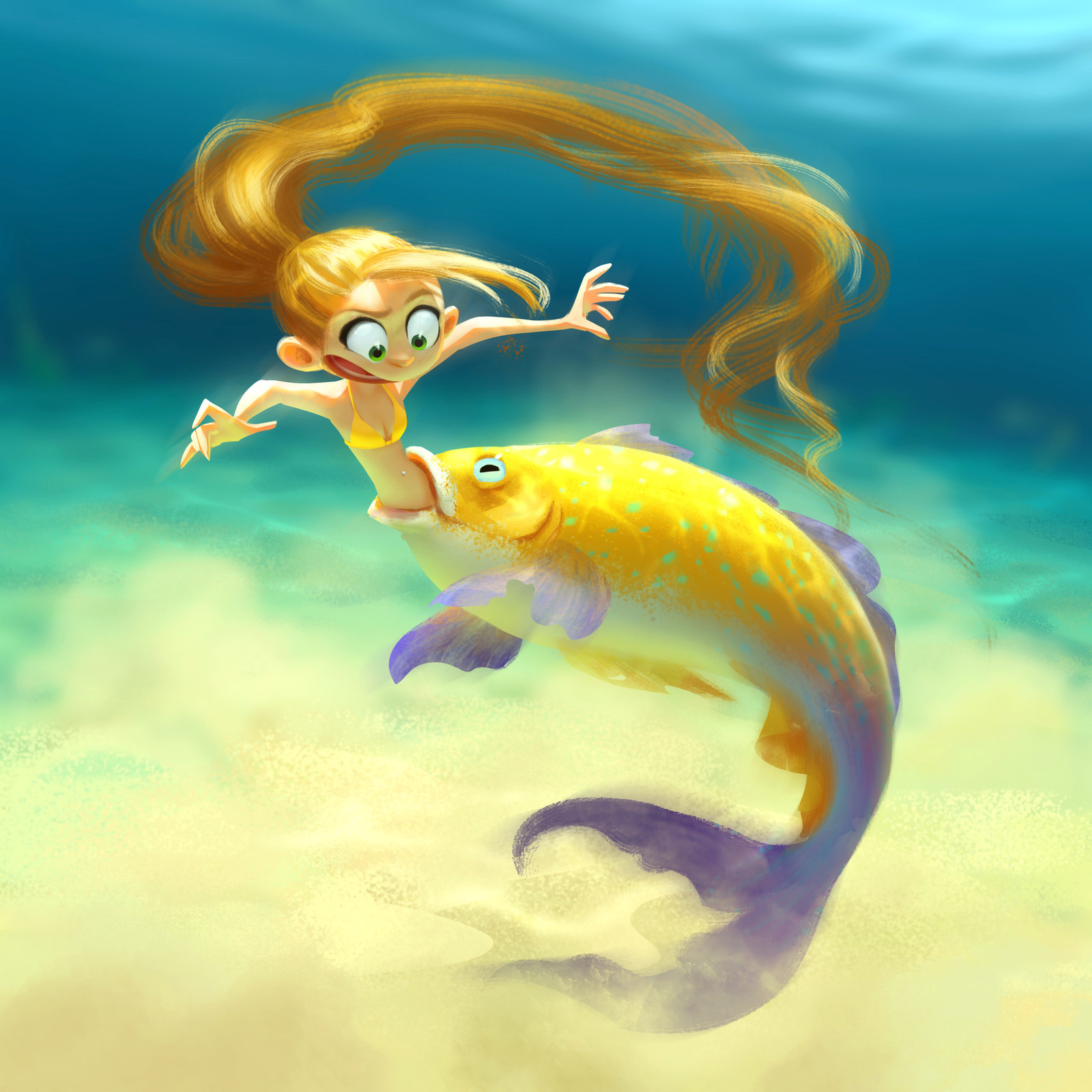 Mermaid hunter. - Mermaid, Under the water, Art, Illustrations, 2D