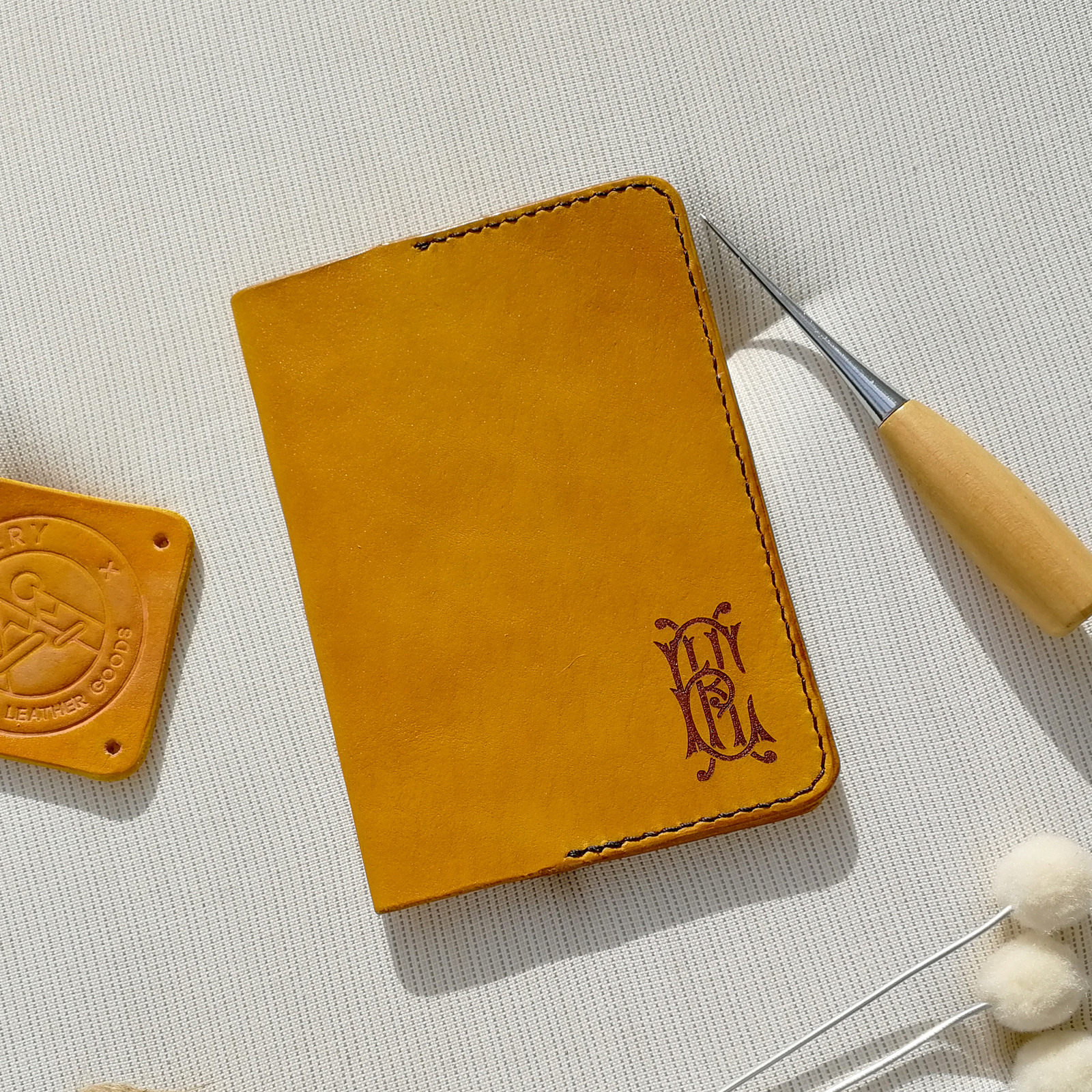 Leather passport cover with monogram - My, Needlework without process, Leather, Longpost