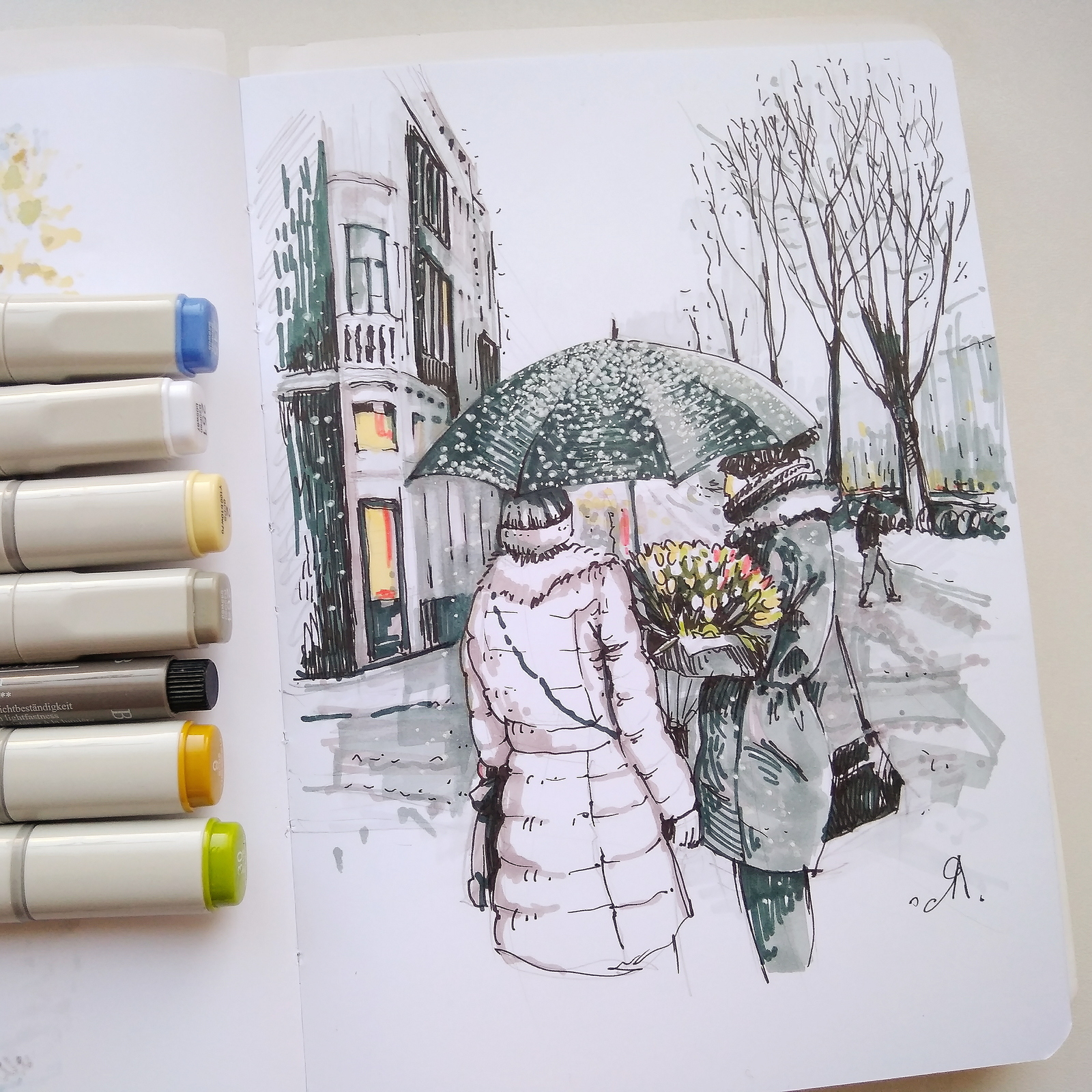 Urban sketching. Amsterdam. - My, Drawing, Sketch, Sketchbook, Amsterdam, Graphics, Felt-tip pen, Umbrella, A bike, Longpost