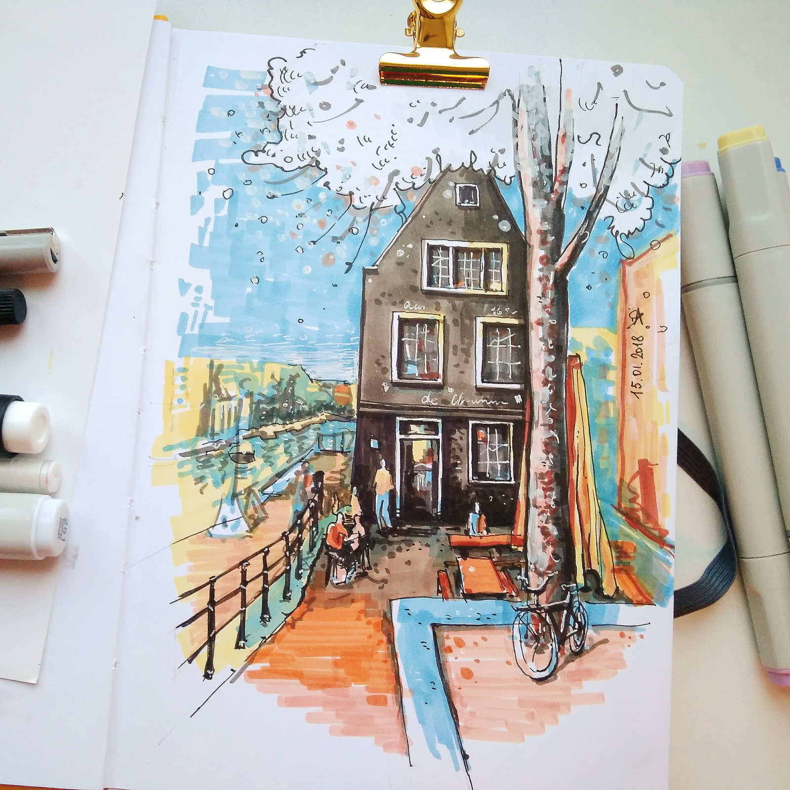 Urban sketching. Amsterdam. - My, Drawing, Sketch, Sketchbook, Amsterdam, Graphics, Felt-tip pen, Umbrella, A bike, Longpost