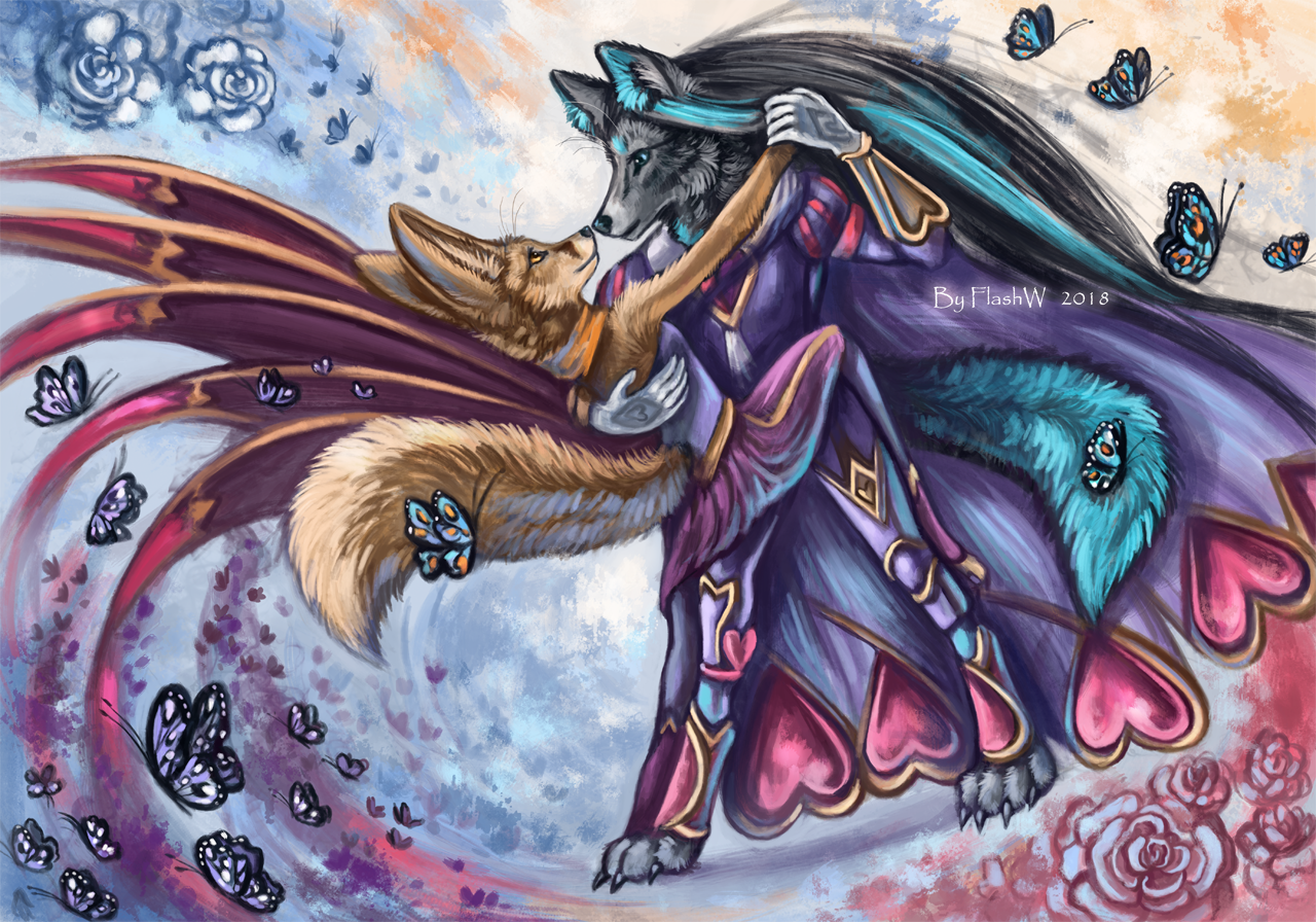 Dancing - Furry, Art, Flashw, Flowers, Butterfly, Dancing, League of legends