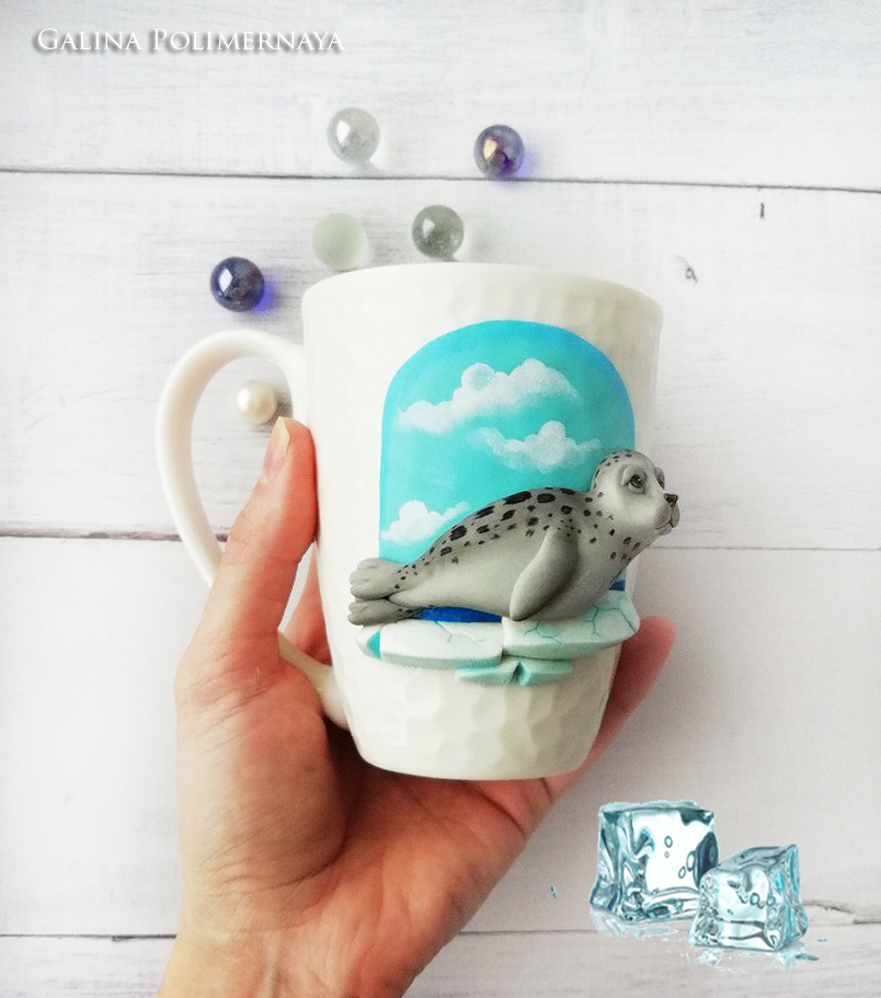 Mug with Seal ^_^ - My, Seal, Mug with decor, Лепка, Polymer clay, Needlework without process, , Longpost