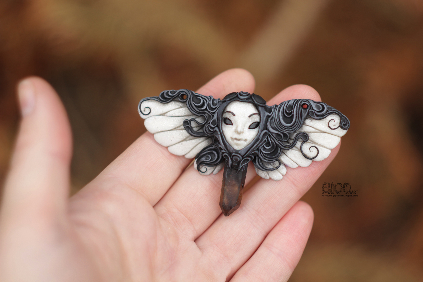 Hawk Moth Hoteru A creature of a fantasy universe, a border world that has spread its possessions between sleep and reality, on the verge of a dream. - My, Hawk, Butterfly, Pendant, Polymer clay, Quartz, Longpost