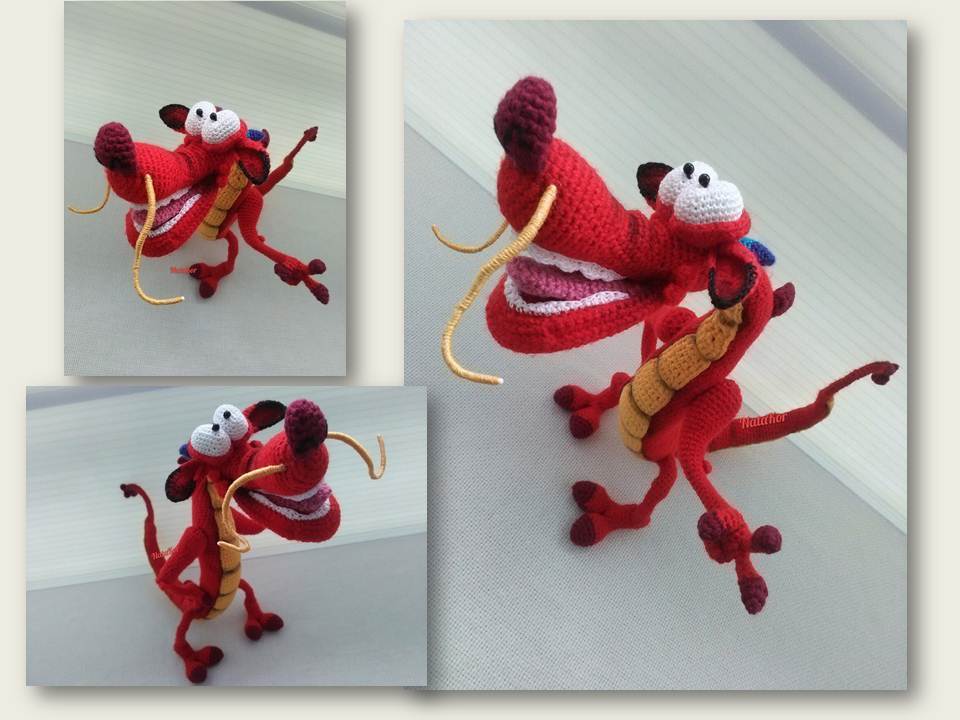 Charming guy dragon Mushu. Height from nose to tail tip 63-65 cm. Wire frame - gives different positions. Lightly tinted - My, Interior toy, The Dragon, Knitted toys, Longpost