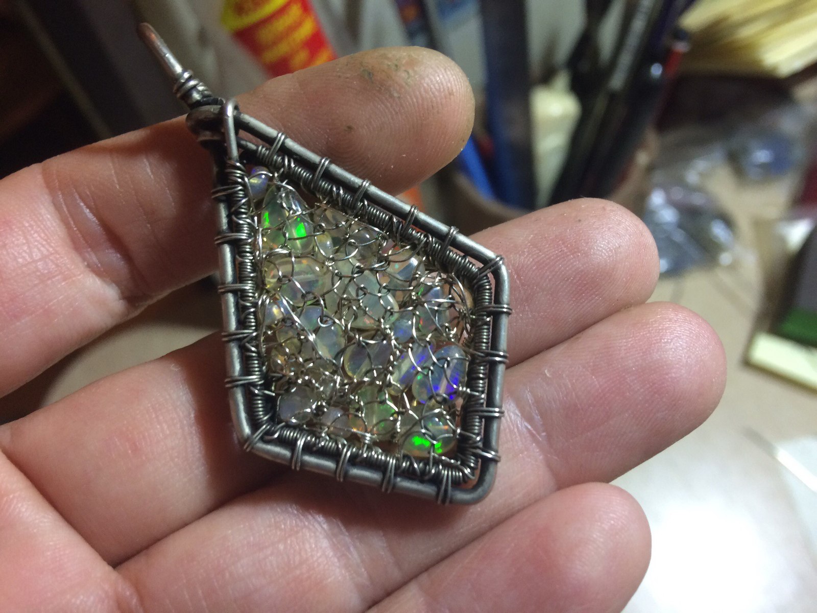 Pendant with opals (work features). - My, Decoration, Needlework with process, Wire wrap, Opal, Pendant, Video, Longpost