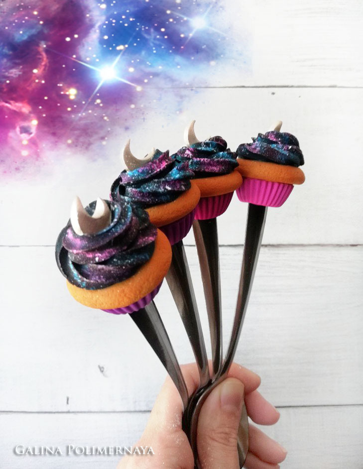 Cosmo cakes @_@ - My, Cupcakes, Space, Polymer clay, Лепка, Decor, Needlework without process, moon, Month, Longpost